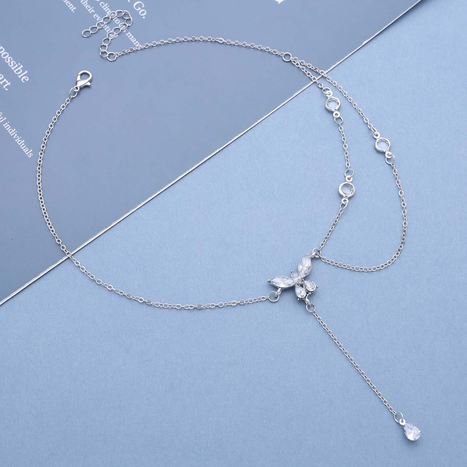 Vintage Teardrop Crystal Y Drop Necklace Silver Cz Butterfly Choker Necklace Tiny Cz Teardrop Lariat Necklace Minimalist Rhinestone Y Necklace Jewelry for Women - Image 3