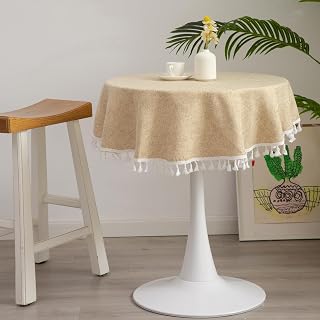 Farmhouse Rustic Small Bedside Round Beige Tablecloth 36 Inch | Burlap Washable Table Cover With Tassel for Kitchen Cafe Restaurant Decoration