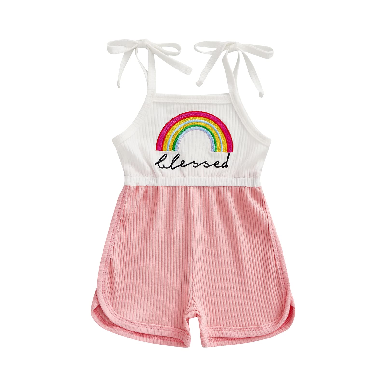Infant Baby Girls Casual Romper Sleeveless Rainbow Print Ribbed Patchwork Summer Clothes