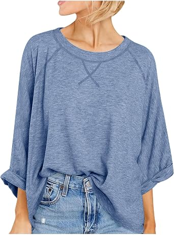 Blouses for Women Dressy Casual Round Neck 3/4 Sleeve Tops Loose Fit Plain Summer Blouses Shirts Soft Solid Outfits