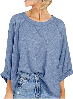 Oversized Long Sleeve Shirts for Women Crewneck Drop Shoulder Solid Tunic Blouse Loose Fit Casual Comfy Fall Tee Tops