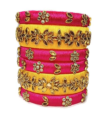 Blue jays hub Silk Thread Kundan Stones Bangle Set For Women & Girls (Pack of 6)