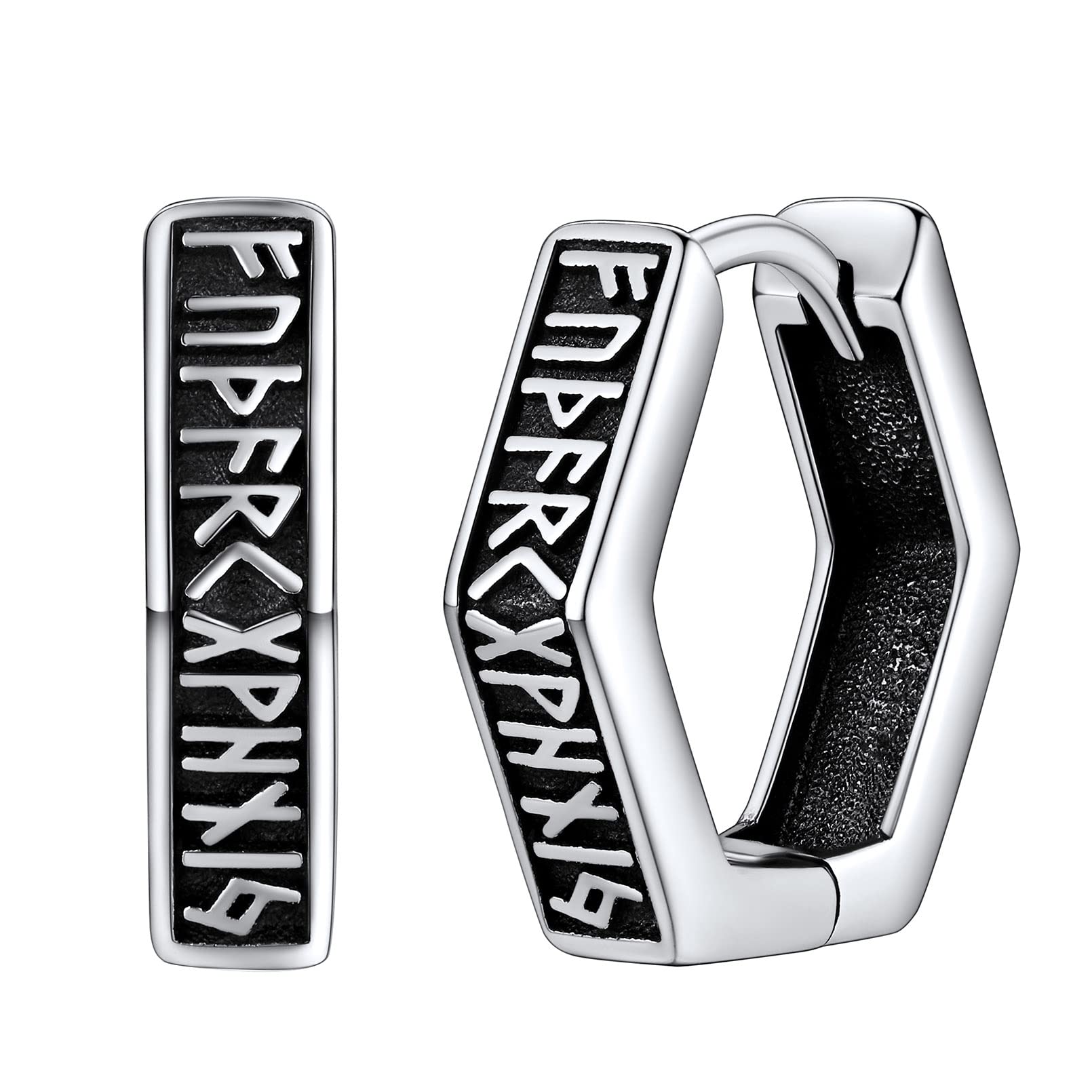 FaithHeart Uomo Donna Orecchini Cerchio di Rune Vichinghe Rune Celtiche Orecchini Cerchio Argento 925 / Acciaio Inox Antiallergico con Onice Gioielli Amuleto Nordico