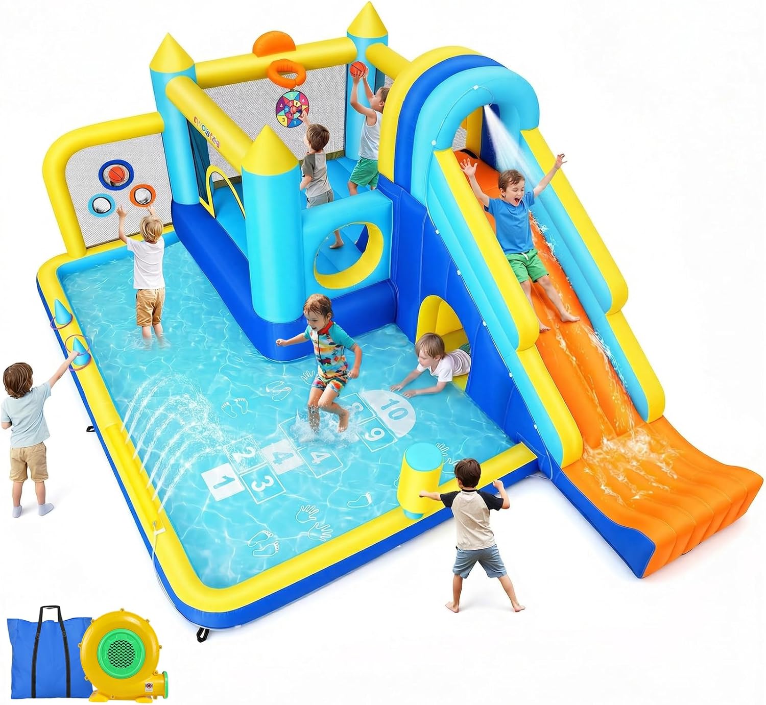 AKEYDIY Inflatable Bounce House, 15-in-1 Big Water Slide Backyard for Kids 3–12, Outdoor/Indoor Jumping Castle with with Jumping Area, Long Slide, Tunnel, Climbing Wall&Ball Pit