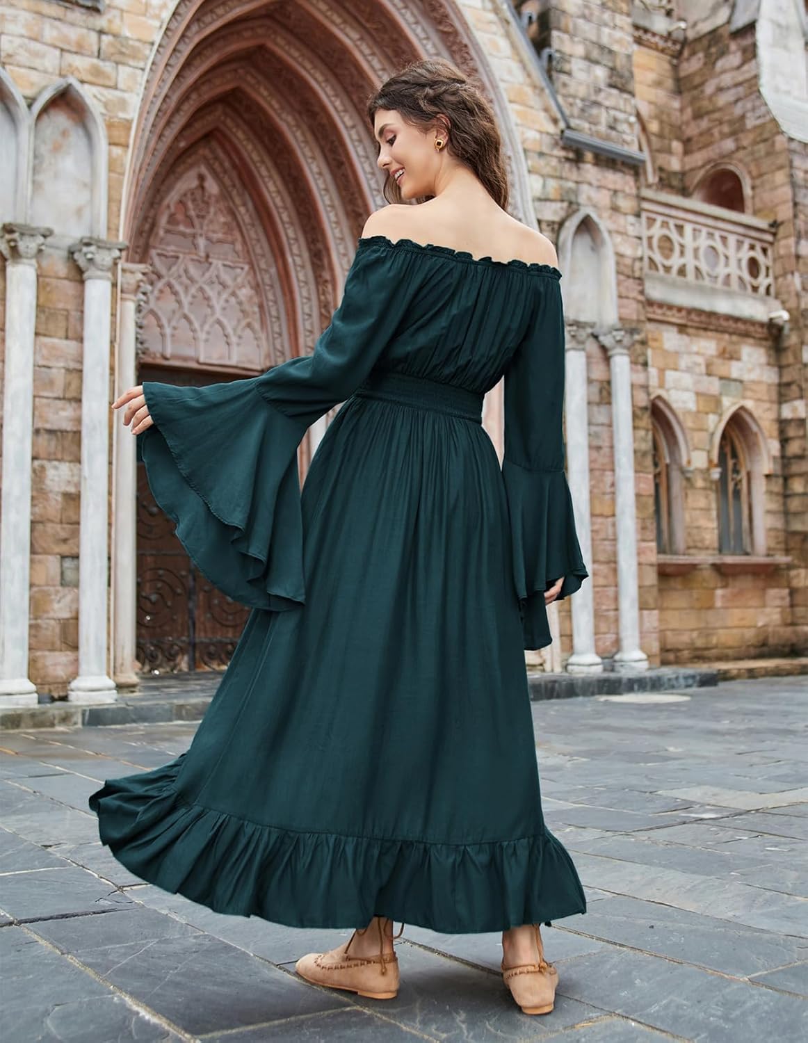 Scarlet Darkness Renaissance Dress Women Off Shoulder Bell Sleeve Peasant Pirate Dress - Image 7