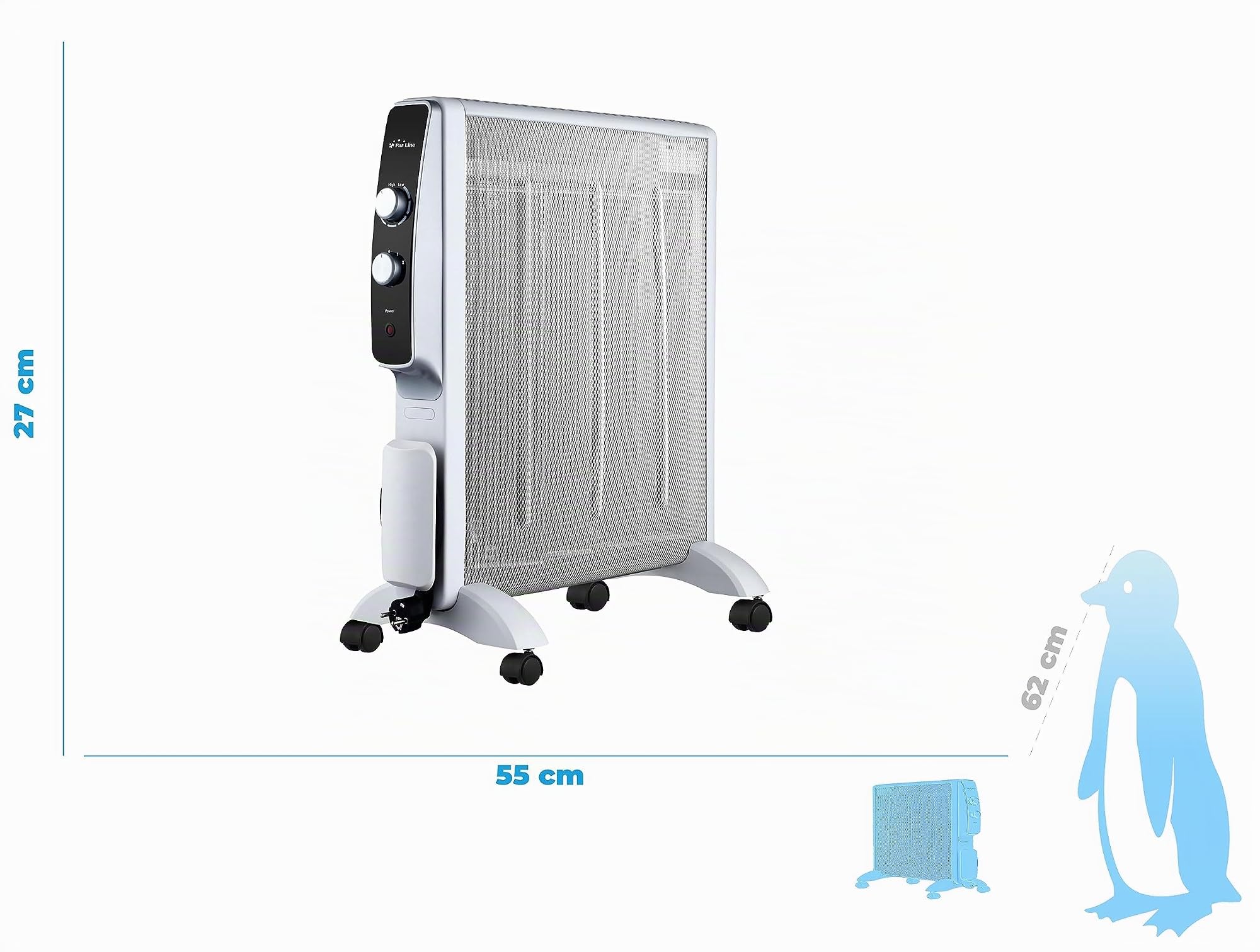 PURLINE | Radiador Eléctrico de Mica de Bajo Consumo (2000W) en Blanco con Termostato - Radiador Eléctrico Protección y Ruedas