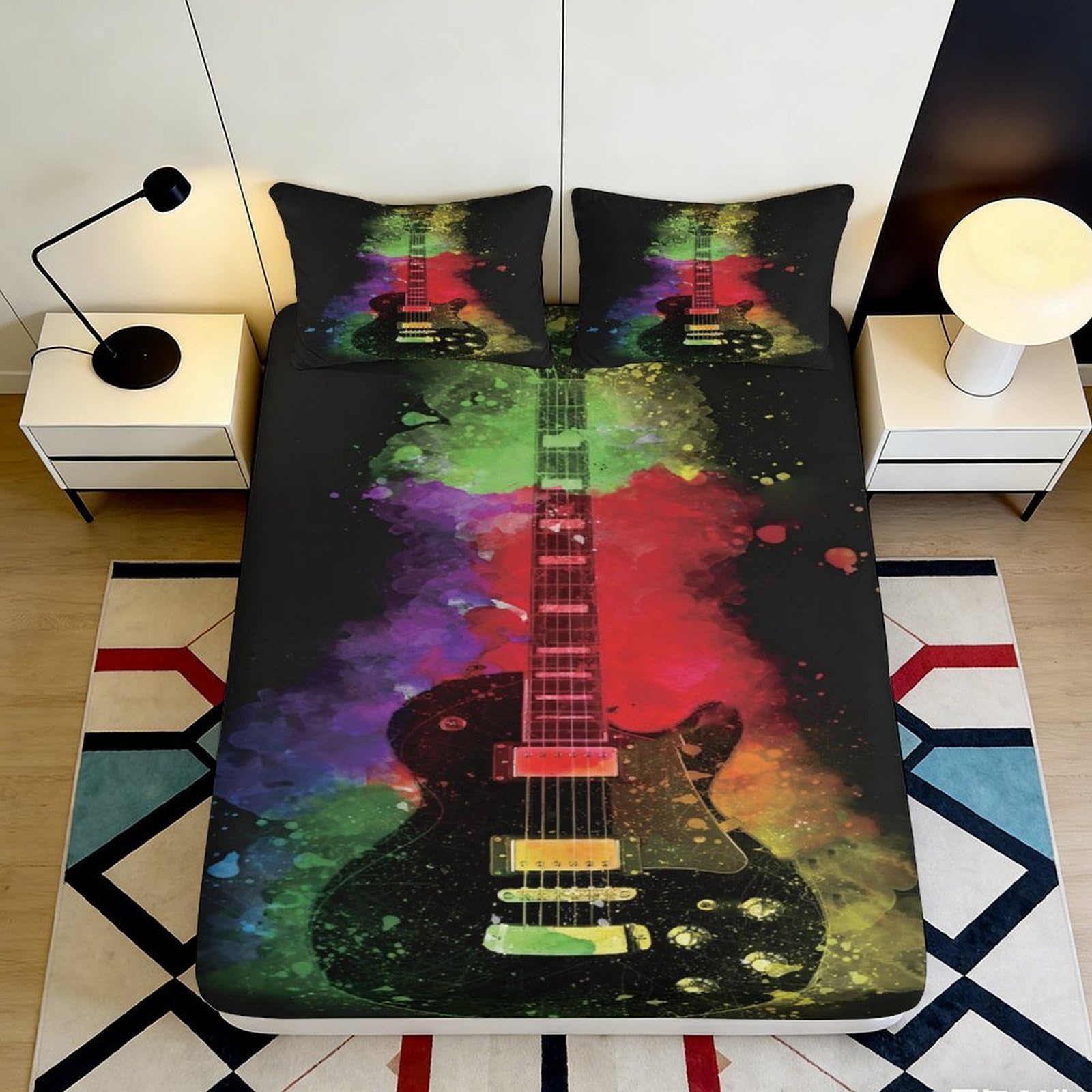 3D Printed Electric Guitar Fitted Sheet Microfiber Rainbow Splash Bed Cover for Bedroom Guest Room Dorm Decor 90x200x25cm