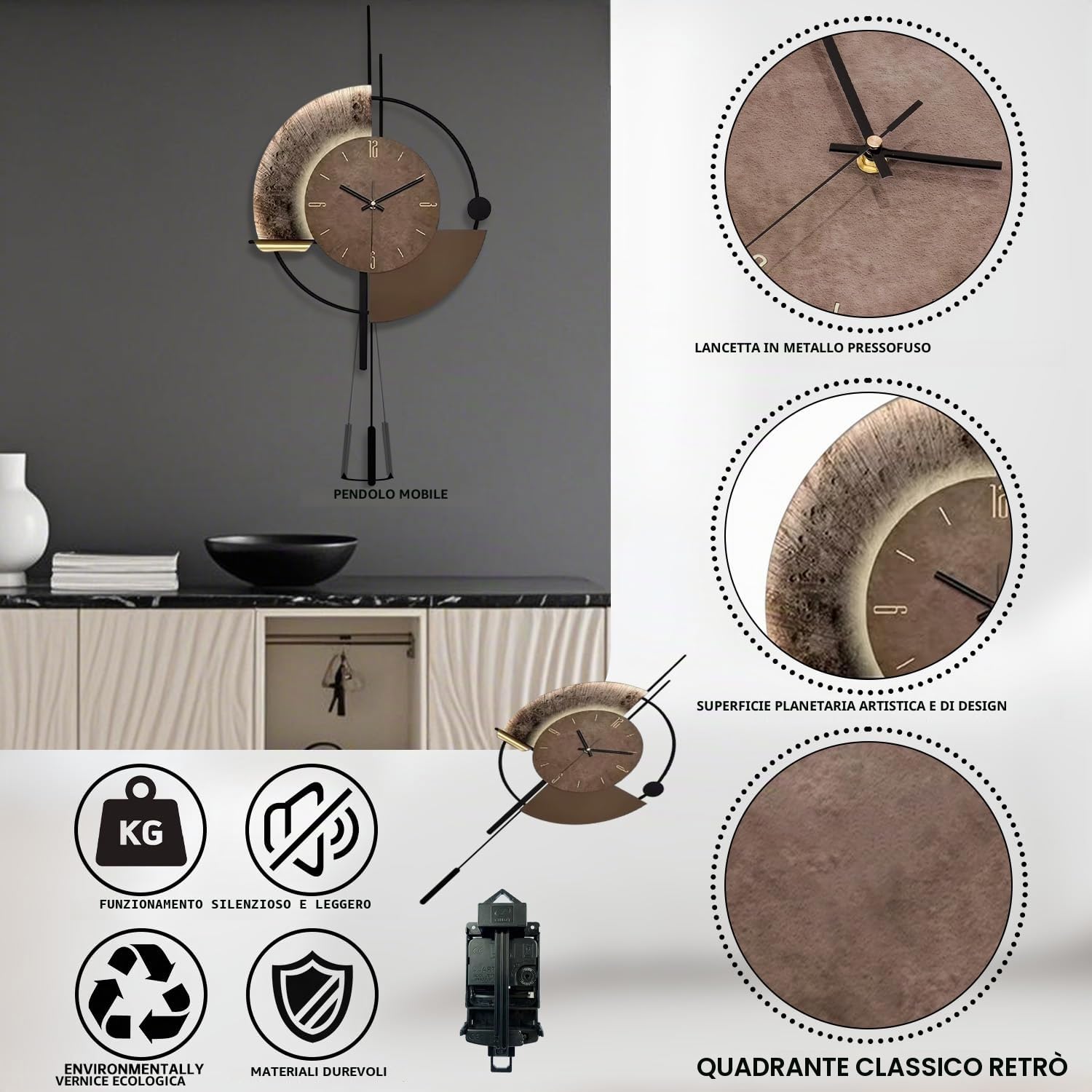 Orologio da parete, orologi decorativi con pendolo, silenziosa qualità al quarzo alimentata a batteria, grande orologio per soggiorno, cucina, casa, bagno, decorazione murale da camera da