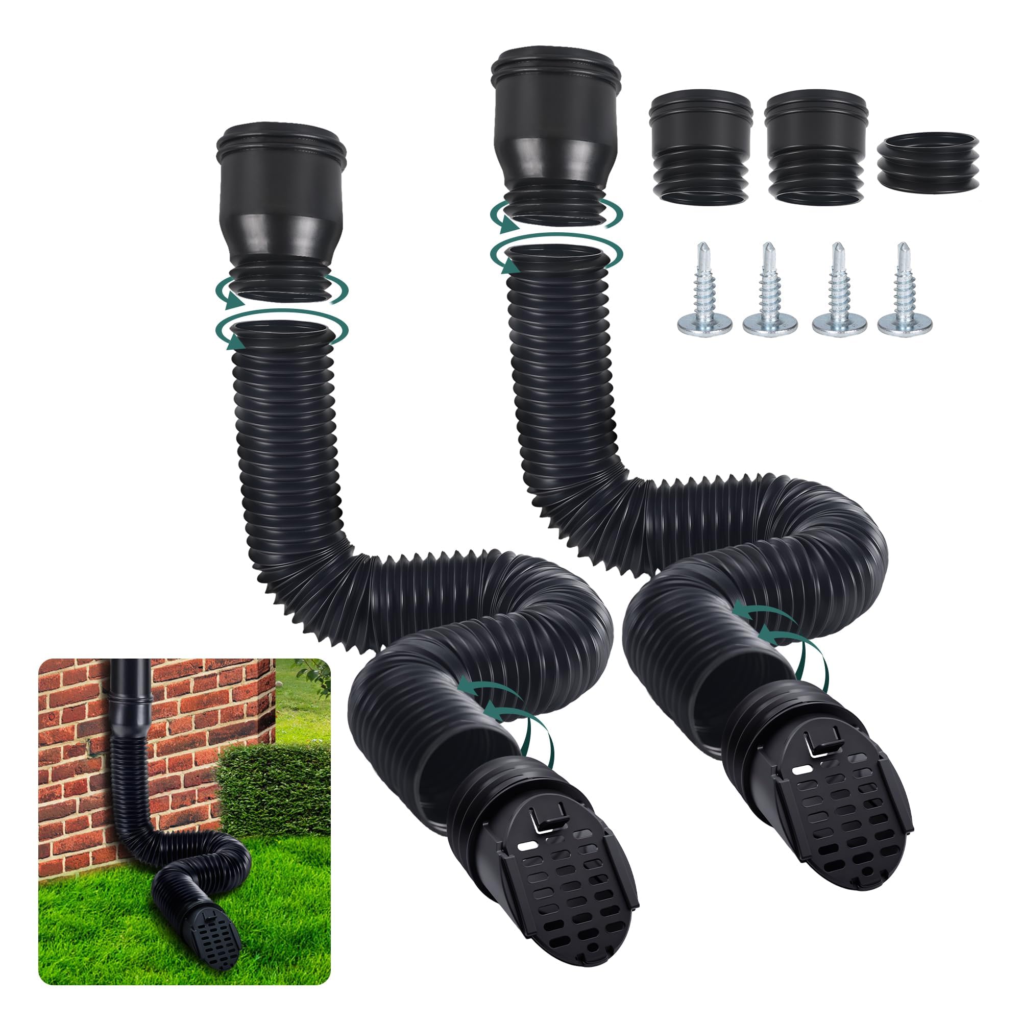 Rallonge de gouttière flexible noire 80/100 mm avec grille, lot de 2 tuyaux de 47 à 150 cm