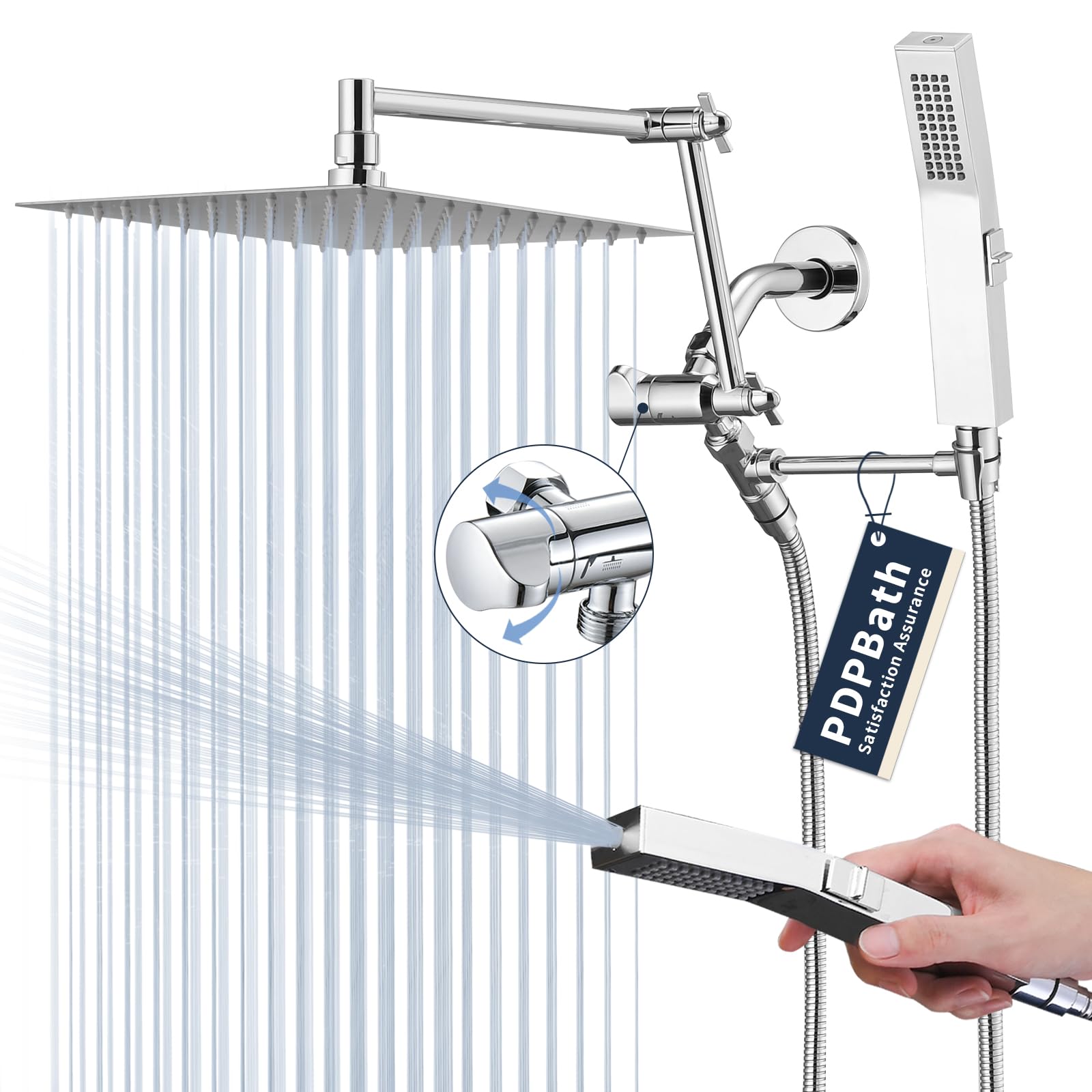 PDPBath Całkowicie metalowa słuchawka prysznicowa ze strumieniem deszczowym z ręcznym opryskiwaczem, 25 cm deszczownicą z regulowanym ramieniem przedłużającym w kształcie łuku 40 cm, w zestawie