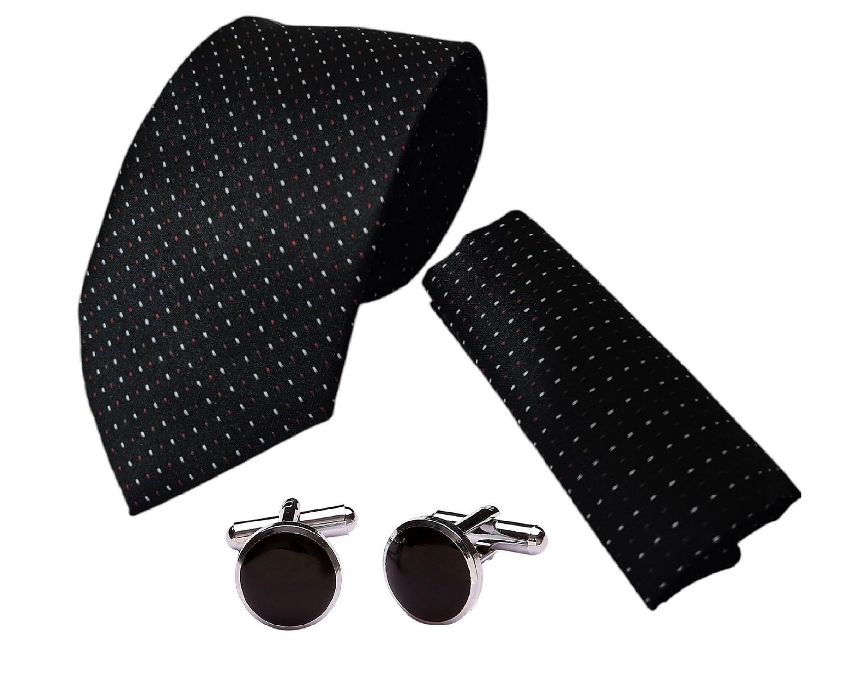 fashmade “where fashion is made” FashMade Black Red Pindot Design Italian Silk Tie, Pocket Square & Matching Cufflink Combo Gift Set | 2.75" Wide, 55" Long Tie | 10x10" Pocket Square | Brass Cufflinks | Premium Wooden Gift Box-picture-14