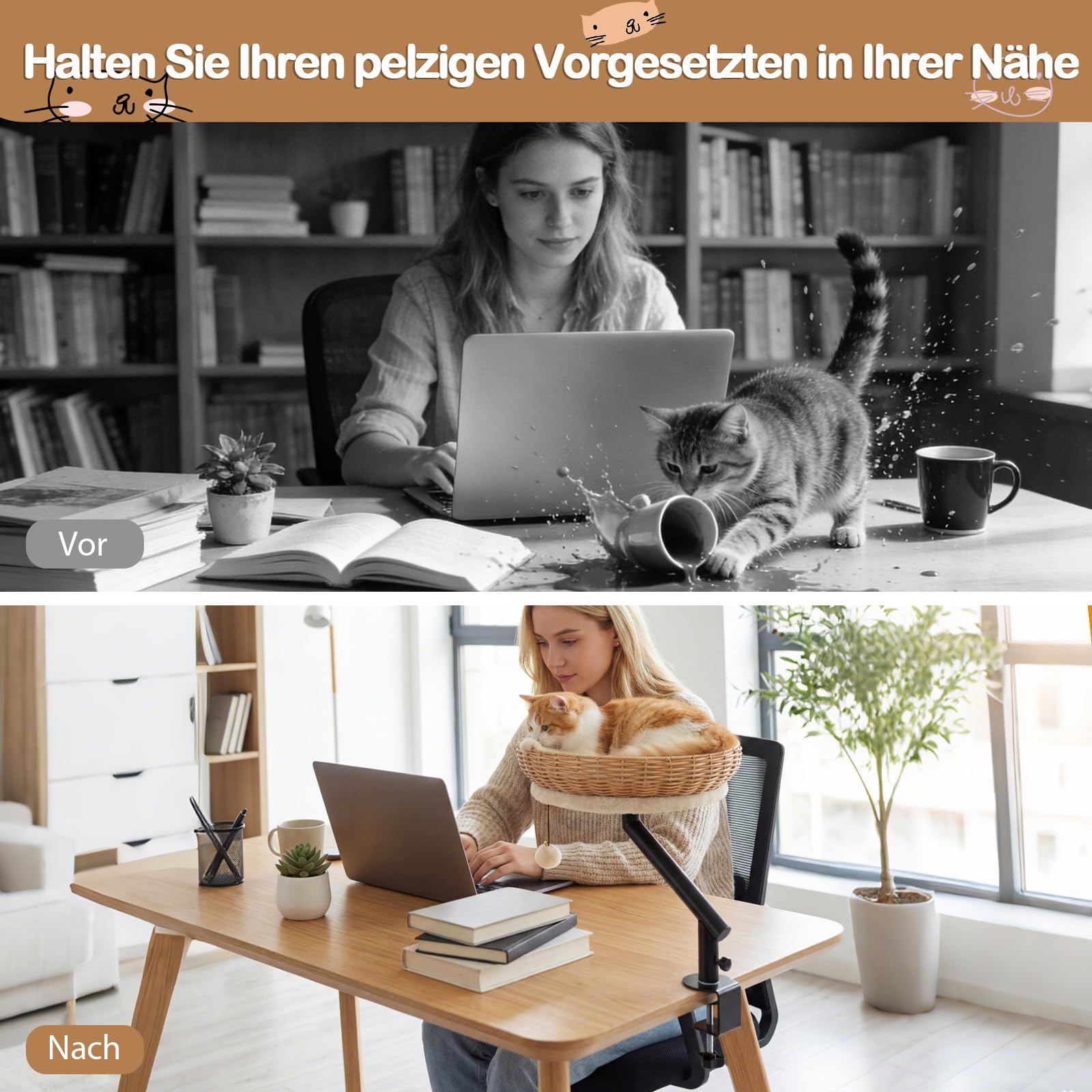 COSTWAY Katzenbett für Schreibtisch, Katzenkorb aus PE-Rattan, 360° drehbar, Katzen Schreibtischbett mit abnehmbarem Plüschkissen & Hängeball, Katzenbettständer Hängematte, ohne Bohren