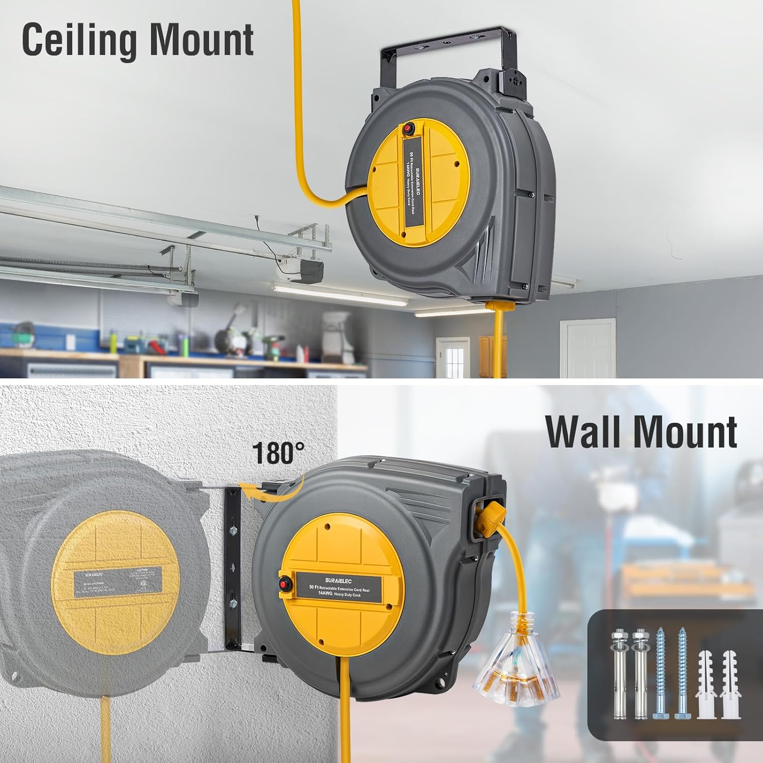 SURAIELEC 50 FT Retractable Extension Cord Reel, 14AWG/3C SJTW Power Cord Storage Reel, 3 Outlets Triple Tap, 13A Circuit Breaker, Wall Mount/Ceiling Hanging for Workshop, Garage, ETL Listed