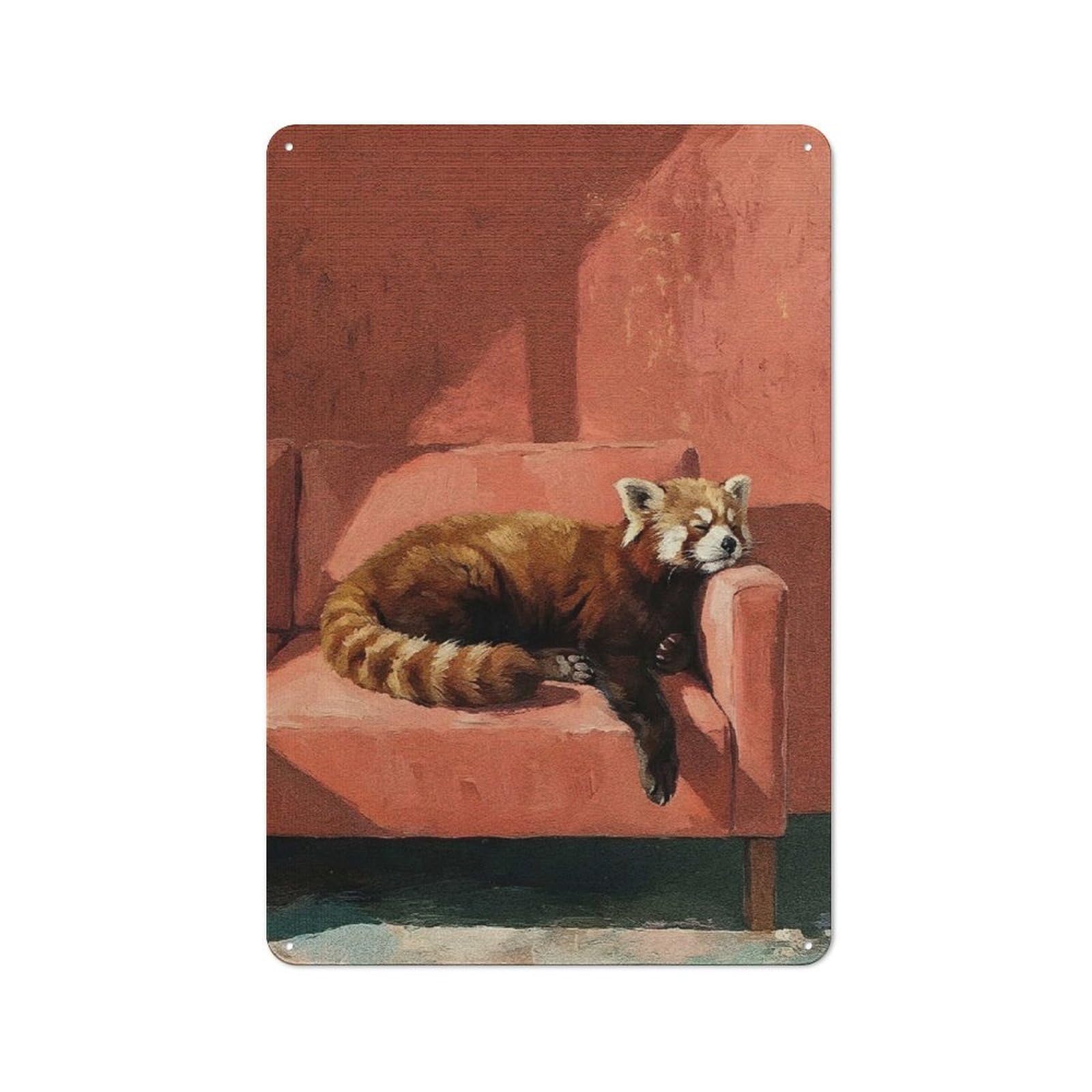 Junmoney Style-12 Tin Wall Plaque 30X20cm With Red Panda Napping On Couch Painting For Hallway Wall, Suited To Hallway Decor Lovers, For Retro Home Interiors