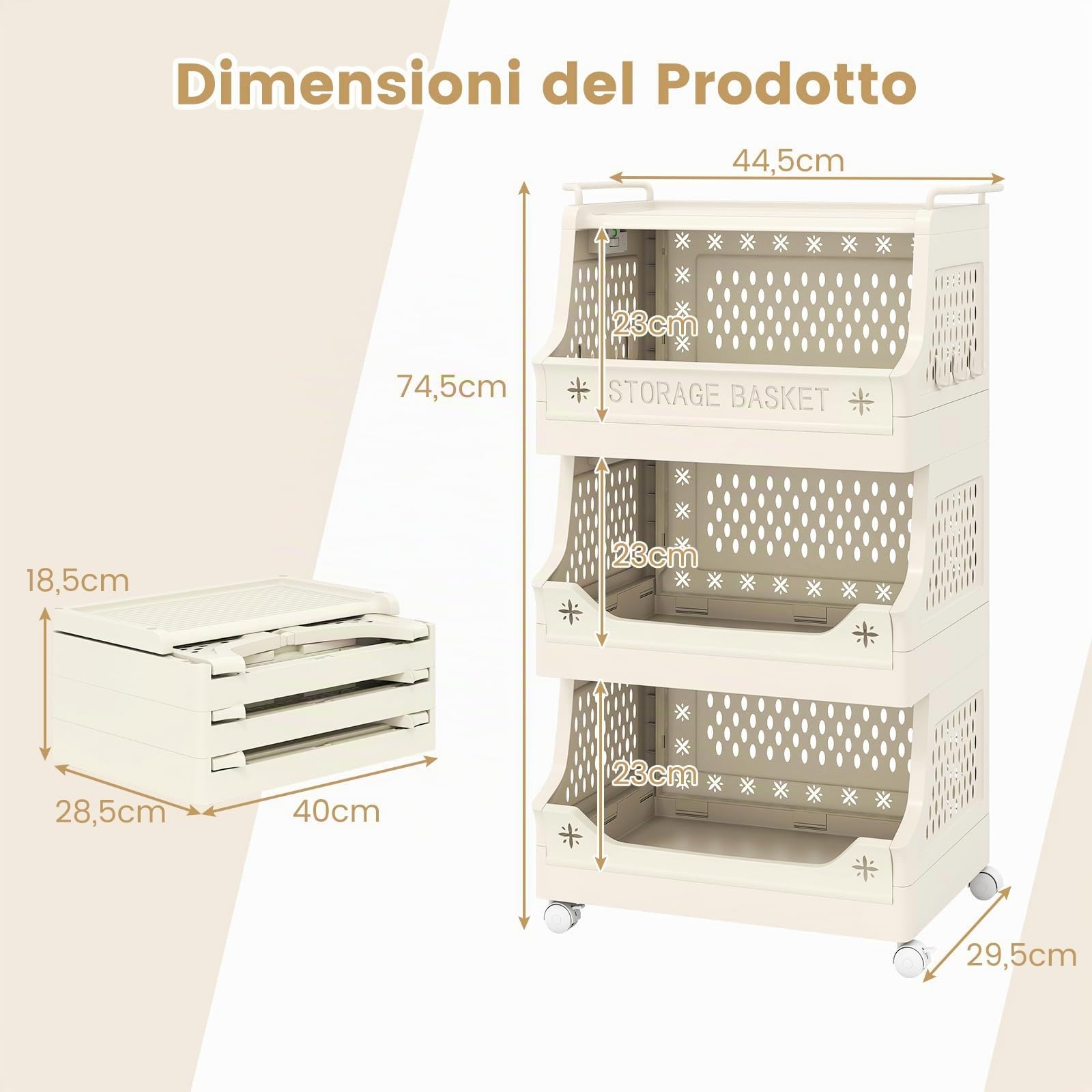 COSTWAY Carrello Portaoggetti Impilabile a 4 Piani con Ruote, Organizzatore in Plastica con Maniglie e Ganci, per Lavanderia, Bagno e Soggiorno (4 Livelli)