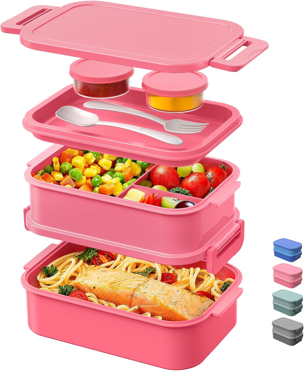 DaCool 2 Pack Adults Lunchbox Bento Box 74 OZ Stackable Lunch Box for Kids Adults Men Women Teens Leakproof Bento Large Lunch Box Container with Fork Spoon Sauce Box for School Work,Grey,Morandi-Green