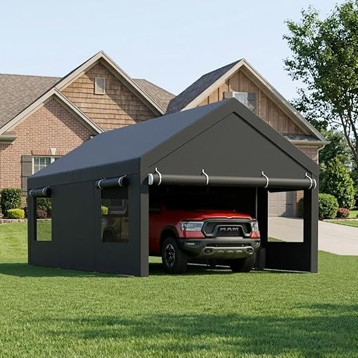 Shintenchi 12x20 FT Heavy-Duty Design Carport,Portable Garage Canopy,Carport Canopy with Side-Opening Removable Door & Roll-Up Window,Portable Car Port for Car, Truck, Boat,Grey