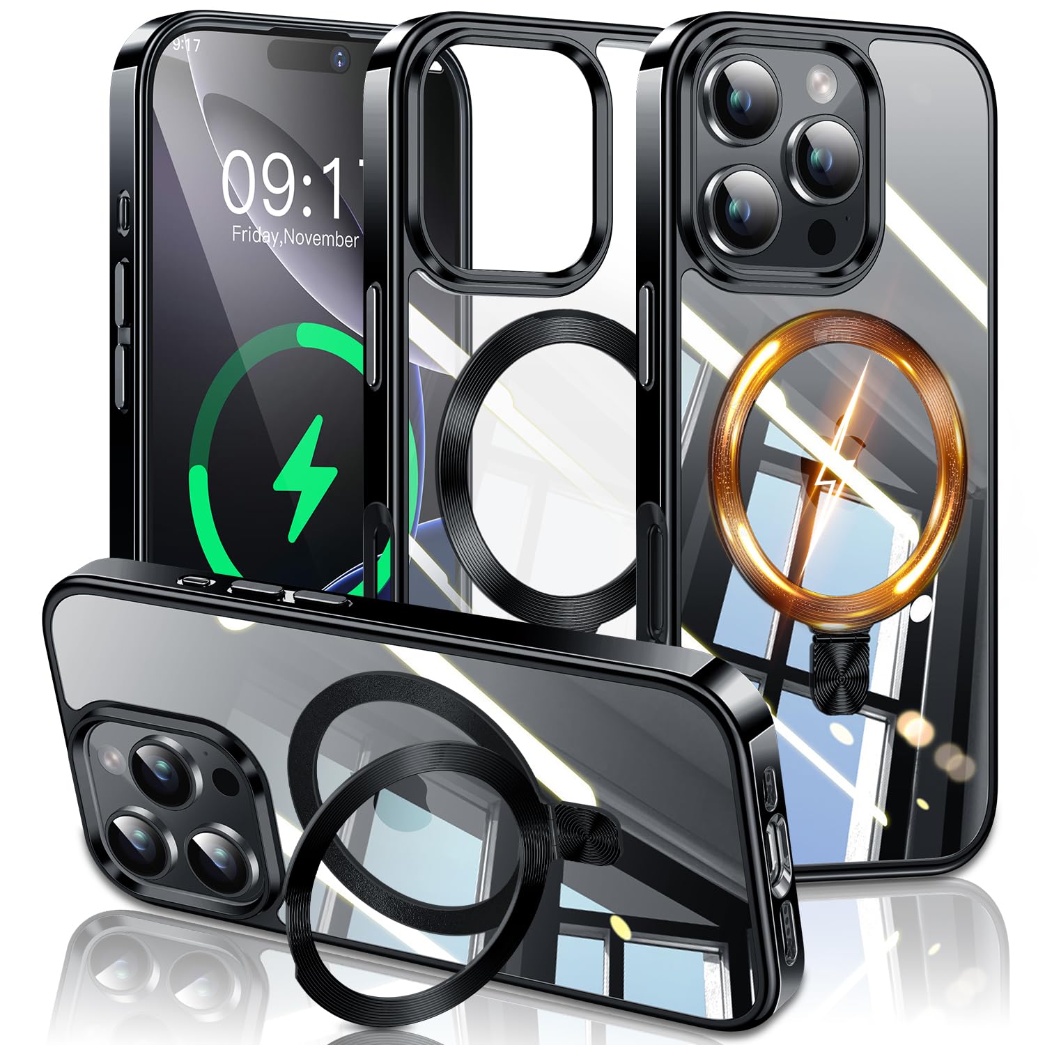 ESTPEAK Titanium Black CD Mag-Stand Case for iPhone 16 Pro Case with Invisible Magnetic Ring, [Fit for MagSafe] [Never Yellowing] Top Clear Phone Case