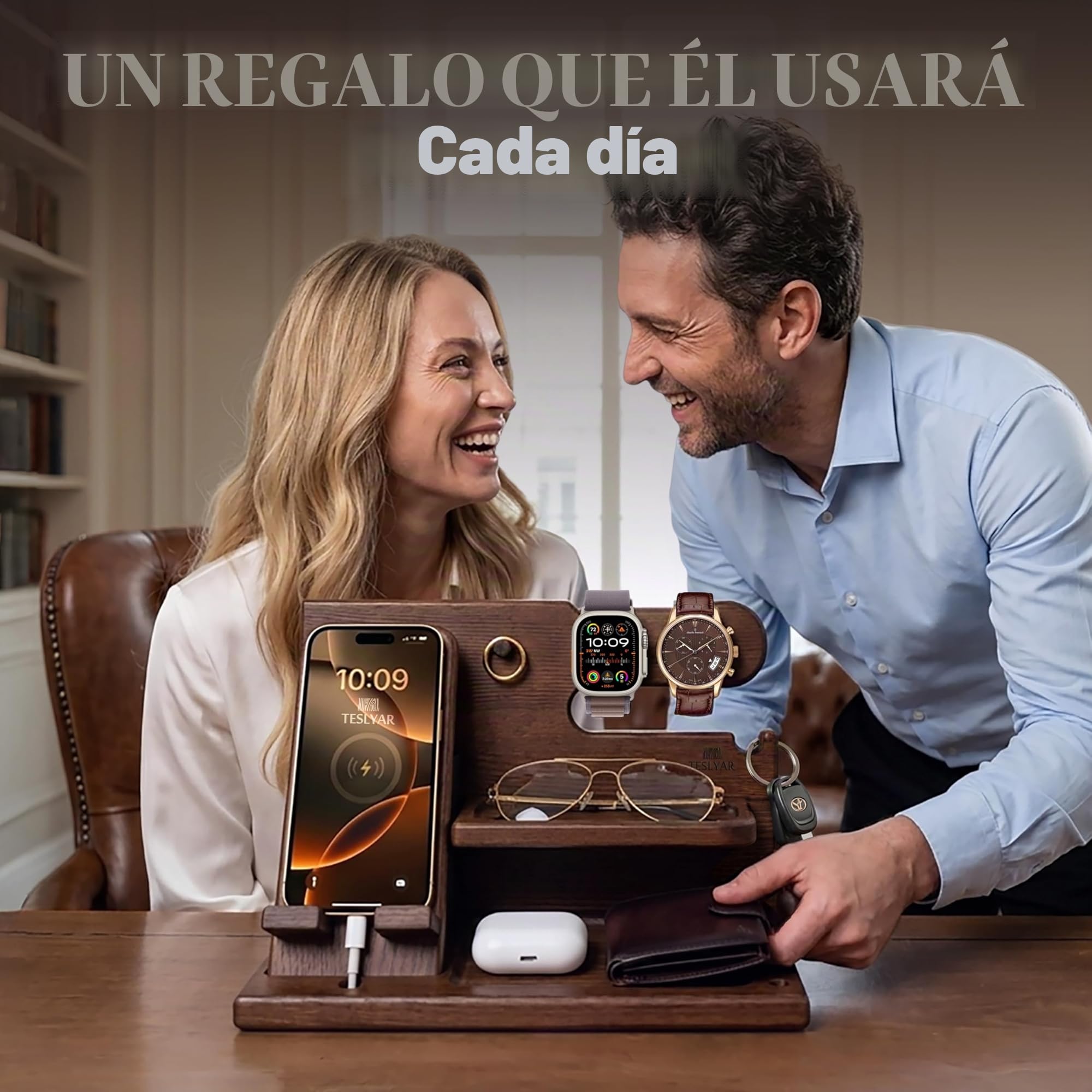 TESLYAR Soporte de Carga para teléfonos móviles con Gancho Llaves Carteras y Relojes Hombres Seres Queridos ya Sea por su Aniversariodía Festivo Regalo Padre Dia del Padre Regalos (Marrón)