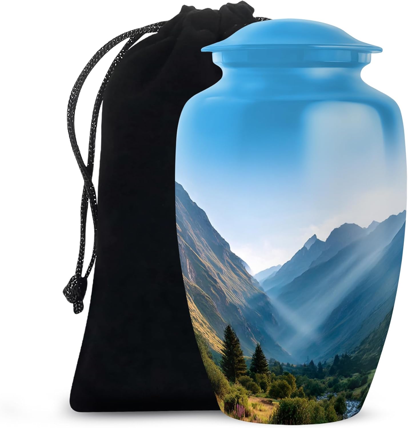 Mountain Urns Human Ashes - Forest Cremation Urns for Women & Men - Large Funeral Ash Urn for Ashes Adult Male and Female - Large Decorative Burial Urn for Mom & Dad Velvet Bag Blue 10 Inch