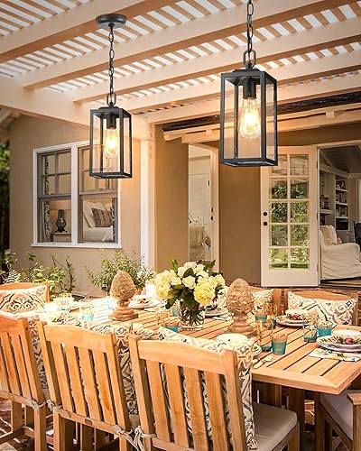 Miniatura 9 de VIANIS Luces colgantes al aire libre, lámparas colgantes exteriores para porche delantero, moderna iluminación negra para patio al aire libre con