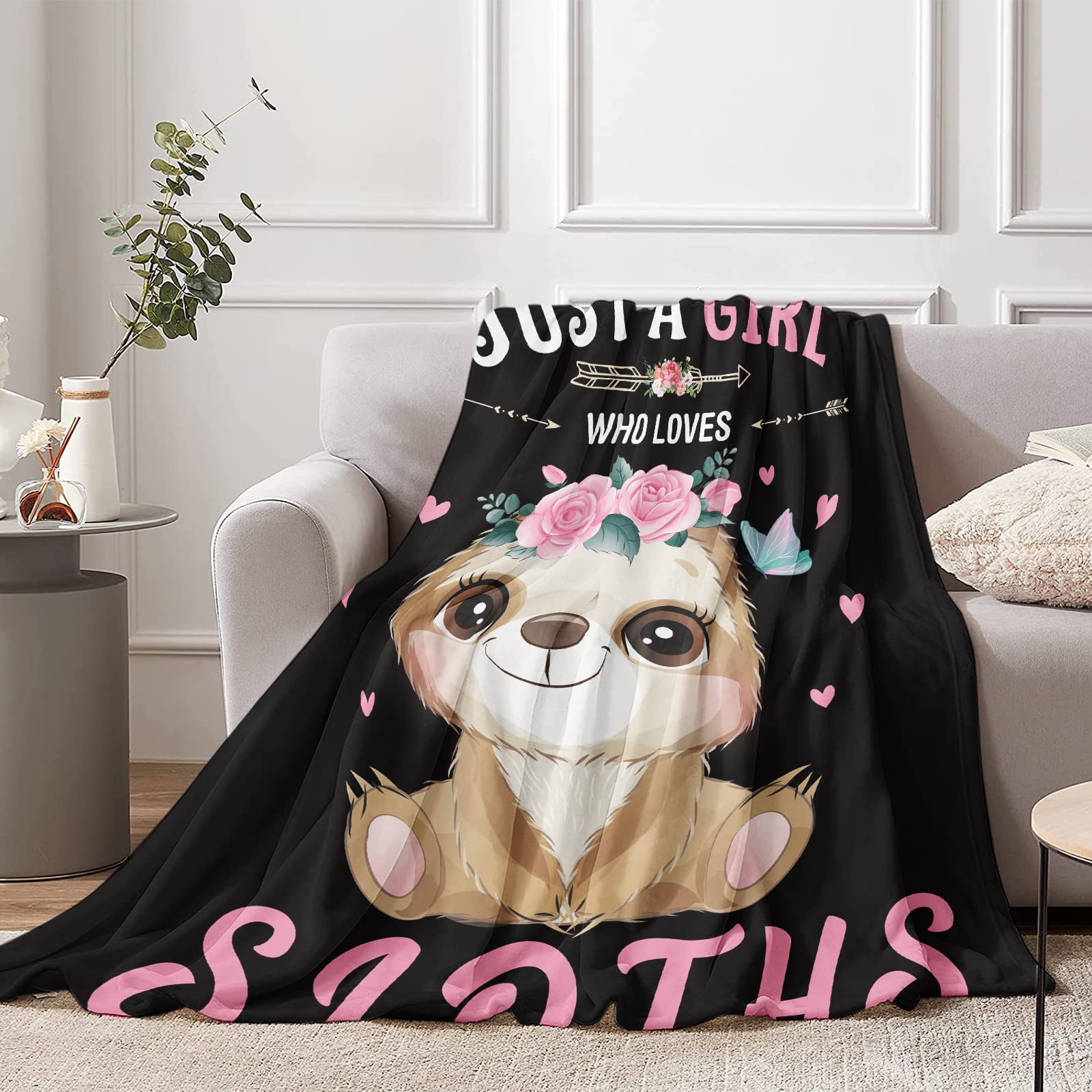 Just A Girl Who Loves Sloths Blanket for Girls Soft Cozy Black and Pink Sloth Fluffy Flannel Blanket Gift for Kids 130 x 150 cm Warm Sloth Flower Plush Fleece Blanket for Teen Sofa Bed Couch Bedroom