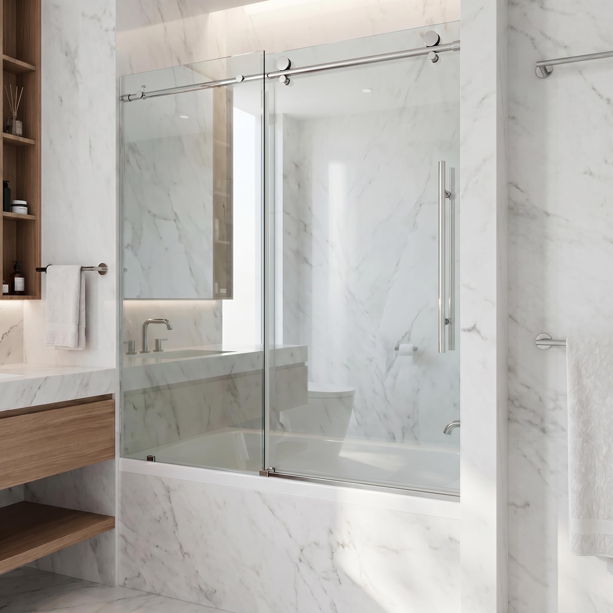 VIGO Elan E-Class 56 to 60 in. W x 66 in. H Sliding Frameless Tub