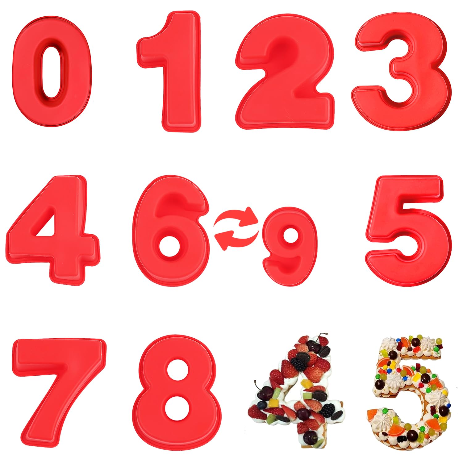 YXHZVON 9 PCS Number Cake Pans, 3D Large Silicone Numbers Cake Molds, DIY Baking Cake Forms, Non-Stick Cake Pans for Birthday and Anniversary (0-8, Red)