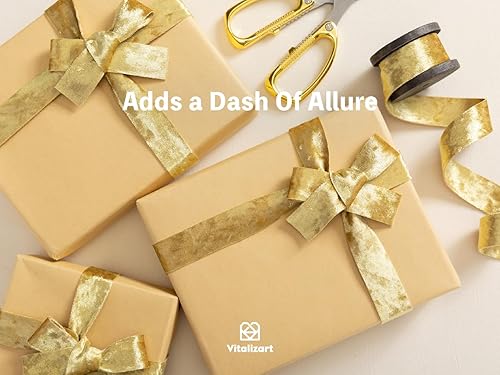 Miniatura 5 de Vitalizart Juego de cintas de terciopelo de 1 pulgada x 9 yardas, carrete de madera de lujo dorado, cintas de terciopelo de doble cara para árbol de