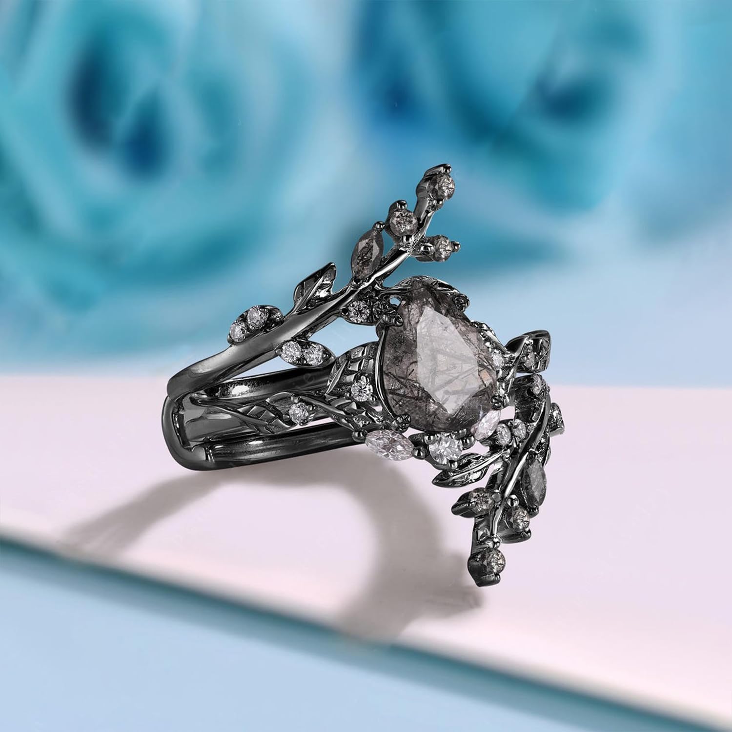 AAA Nature Black Rutilated Quartz Rings Set for Women 10K 14K 18K Gold Vintage Gemstone Nature Black Rutilated Quartz 2Pcs Ring Wedding Band with Gift Box