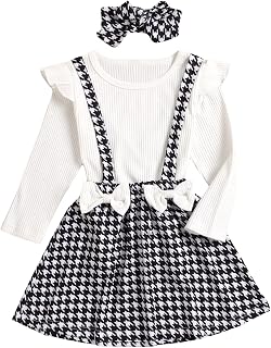 Toddler Girl's 2 Piece Outfits Houndstooth Print Bow Front Tee ann Pinafore Skirt Set