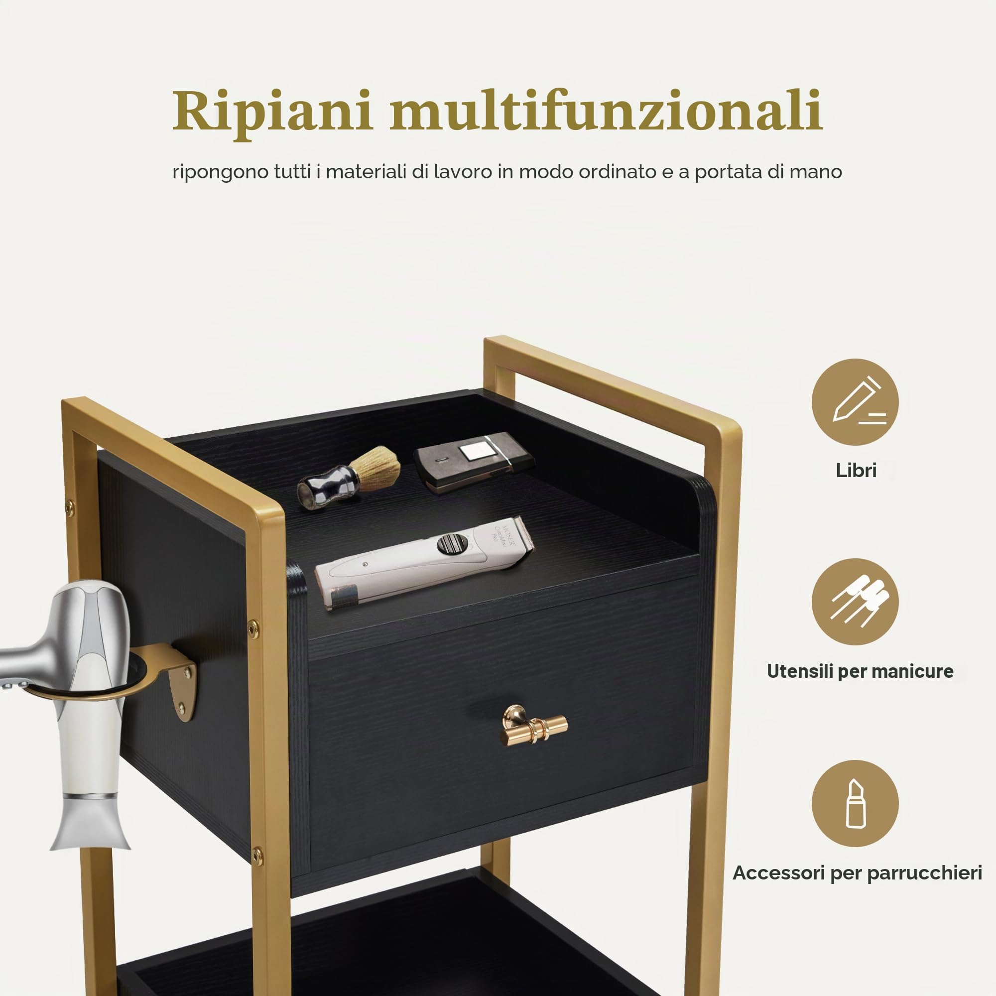 MCombo M Carrello da parrucchiere con ruote e 3 cassetti, carrello da portata, trolley con 2 ripiani e porta asciugacapelli, moderno per bagno, soggiorno, 30 x 40 x 95 cm, 0022