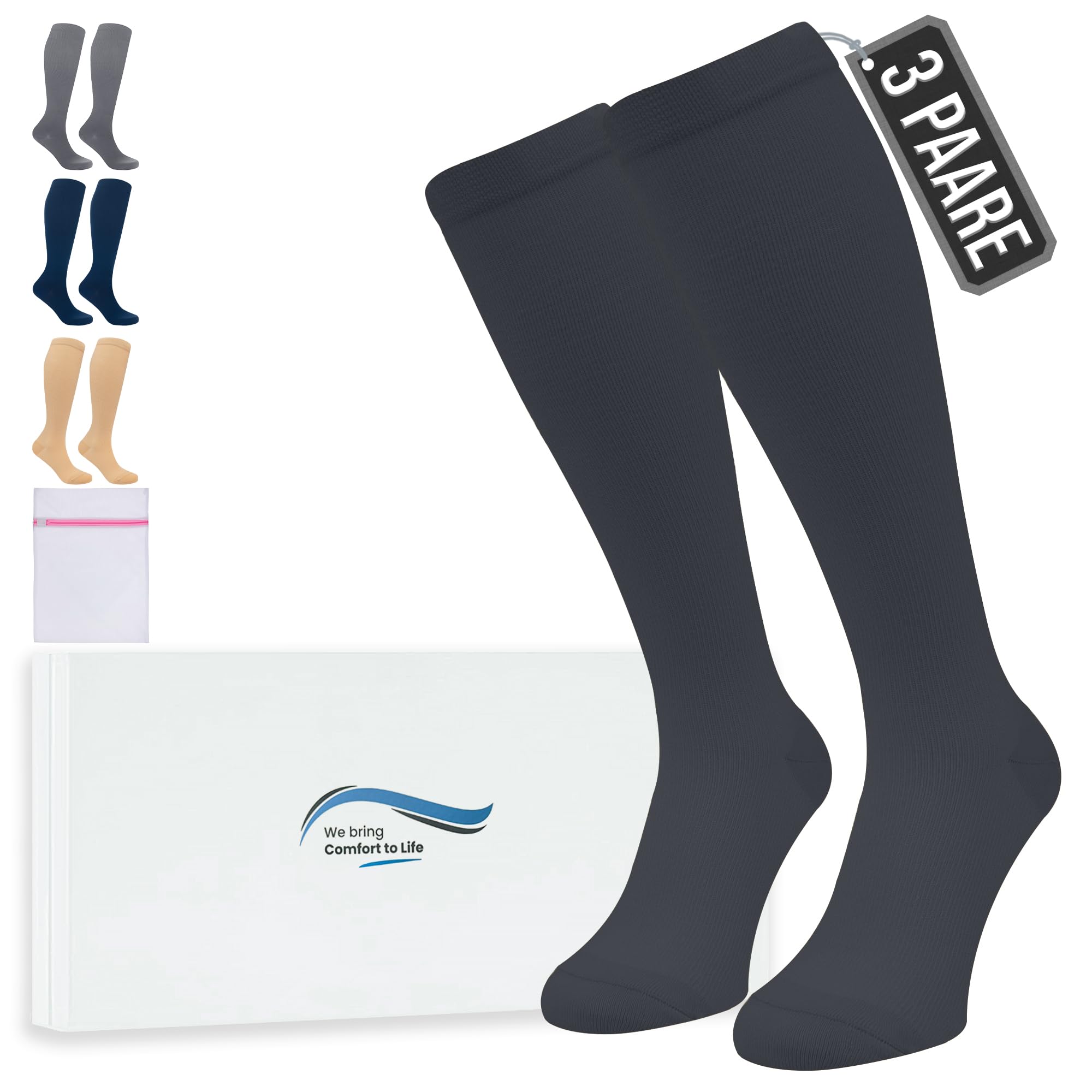 360 Relief Kompressionsstrümpfe Damen und Herren - Kompressionssocken einfarbig für Sport, Laufen, Flug, Reisen, Joggen, Radsport, Stütz Thrombosestrümpfe, mit Wäschenetz
