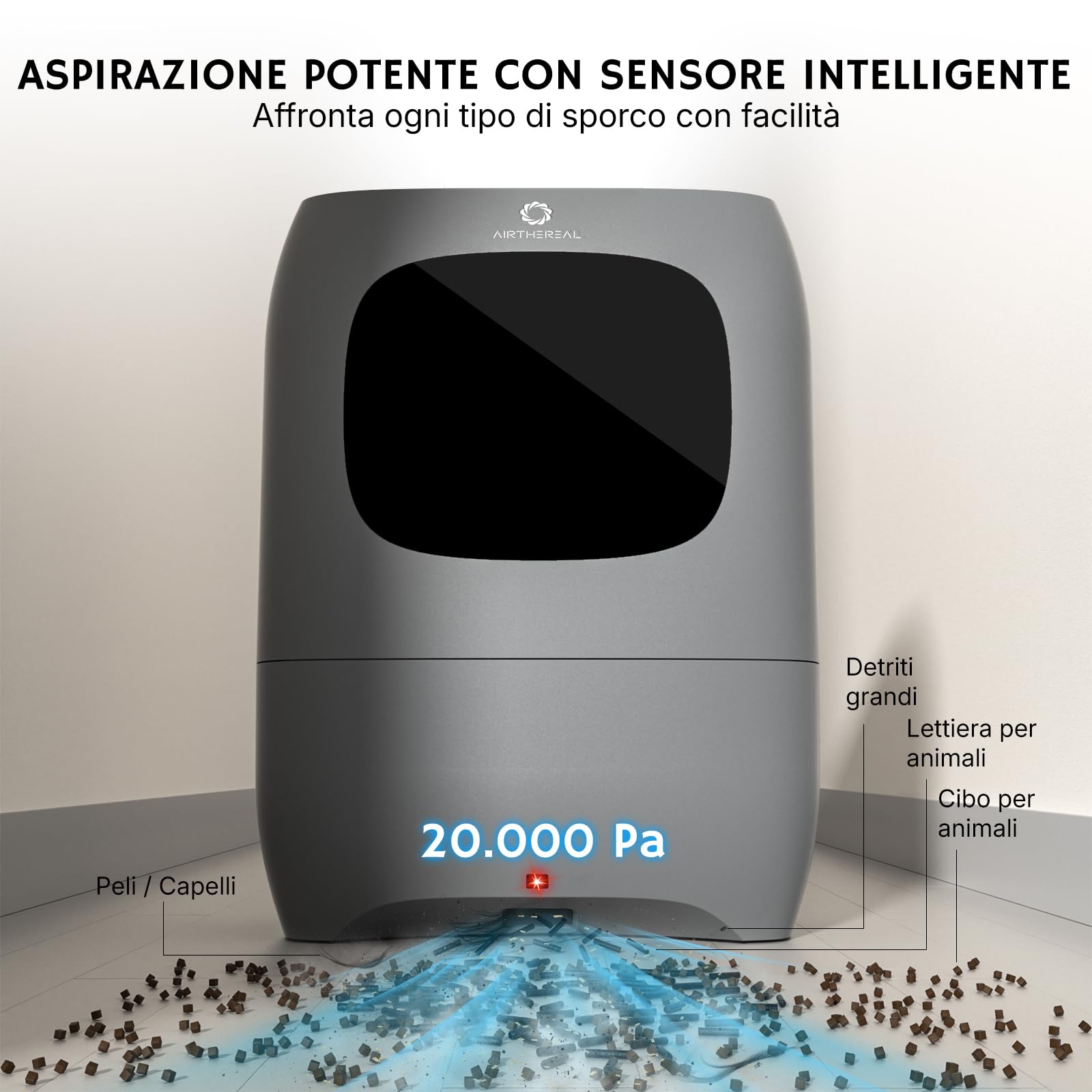 AIRTHEREAL T1 Paletta aspirante senza contatto, Aspirapolvere stazionario da 20kPa contro i peli di animali, Aspirazione con filo da 1500W con sensore a infrarossi, Serbatoio da 7L, HEPA F8 (Nero)