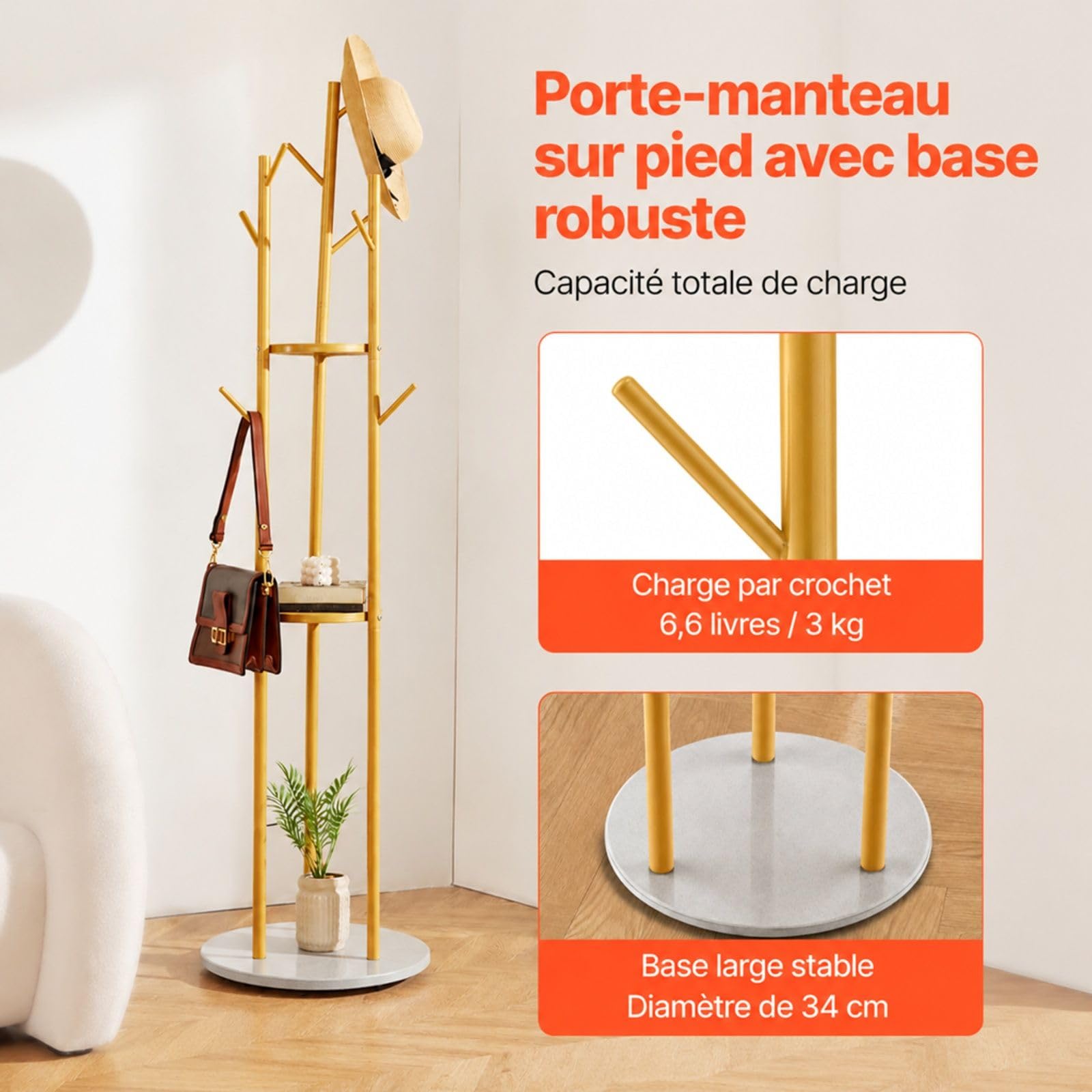 Portemanteau sur pied en métal avec base en quartz, 9 crochets pour entrée, chambre et bureau