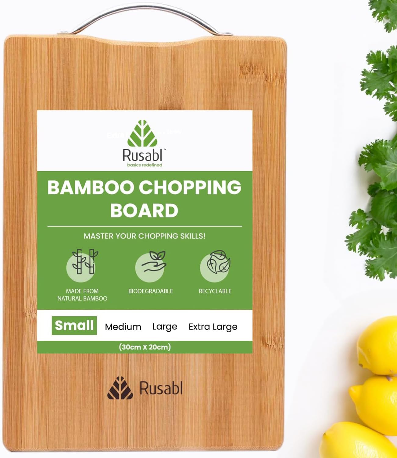 Bamboo Wooden Chopping Board with Metal Handle, Multipurpose Cutting Board for Vegetables, Fruits & Cheese, for Kitchen Use, BPA Free, Eco-Friendly, Anti-Microbial (S, 30 x 20 cms)