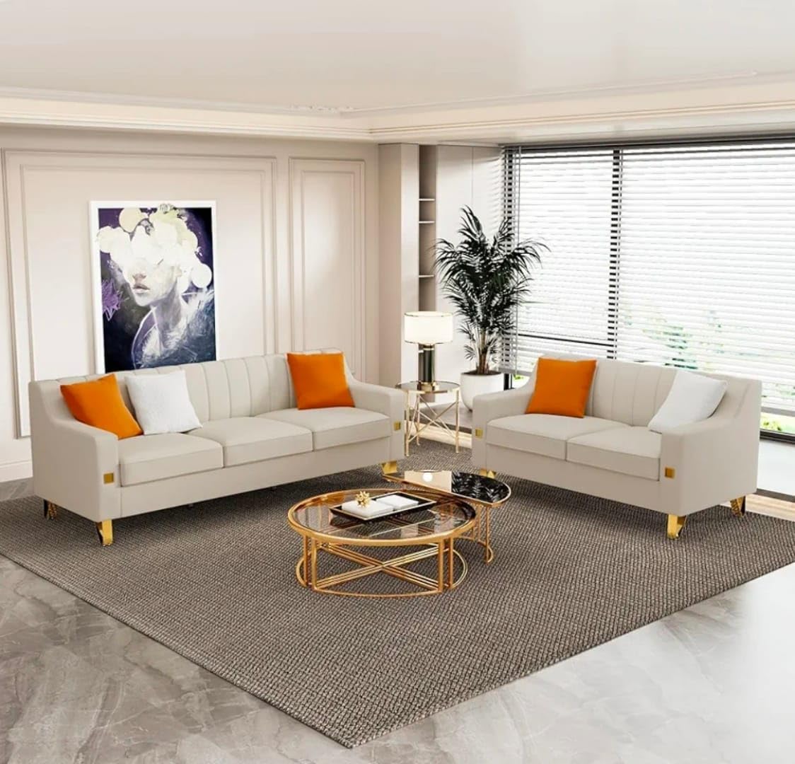 A to Z Furniture Classic Seater Sofa Set Luxury Chesterfield Leatherette Sofa in for Home Living Room & Office Stainless Steel Legs (White, 3+2 Seater)