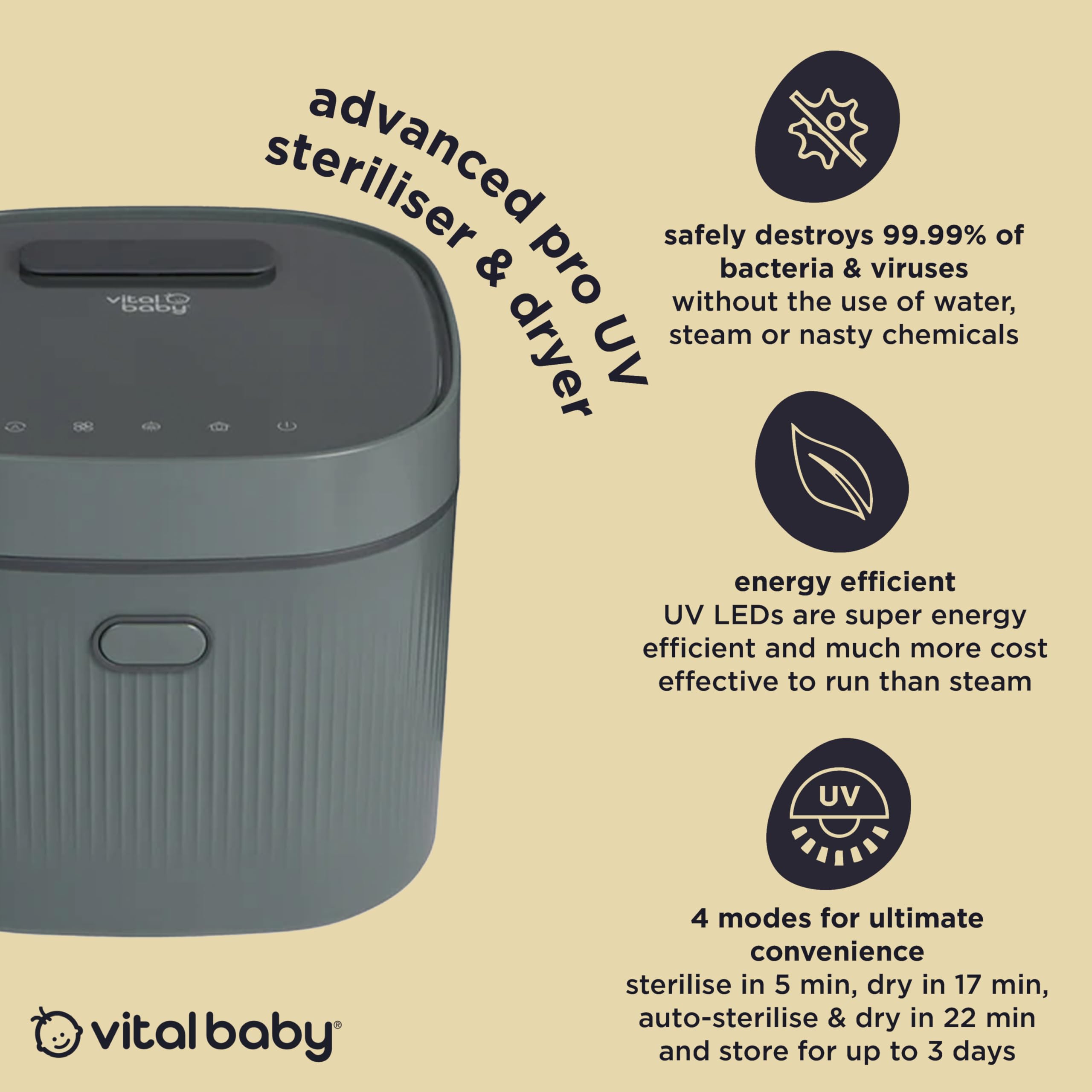 Vital Baby Stérilisateur UV pour biberons et accessoires - Tue 99,99% des germes en 5 minutes, stérilise, sèche et stocke, sans eau, vapeur ou produits chimiques - Vert olive