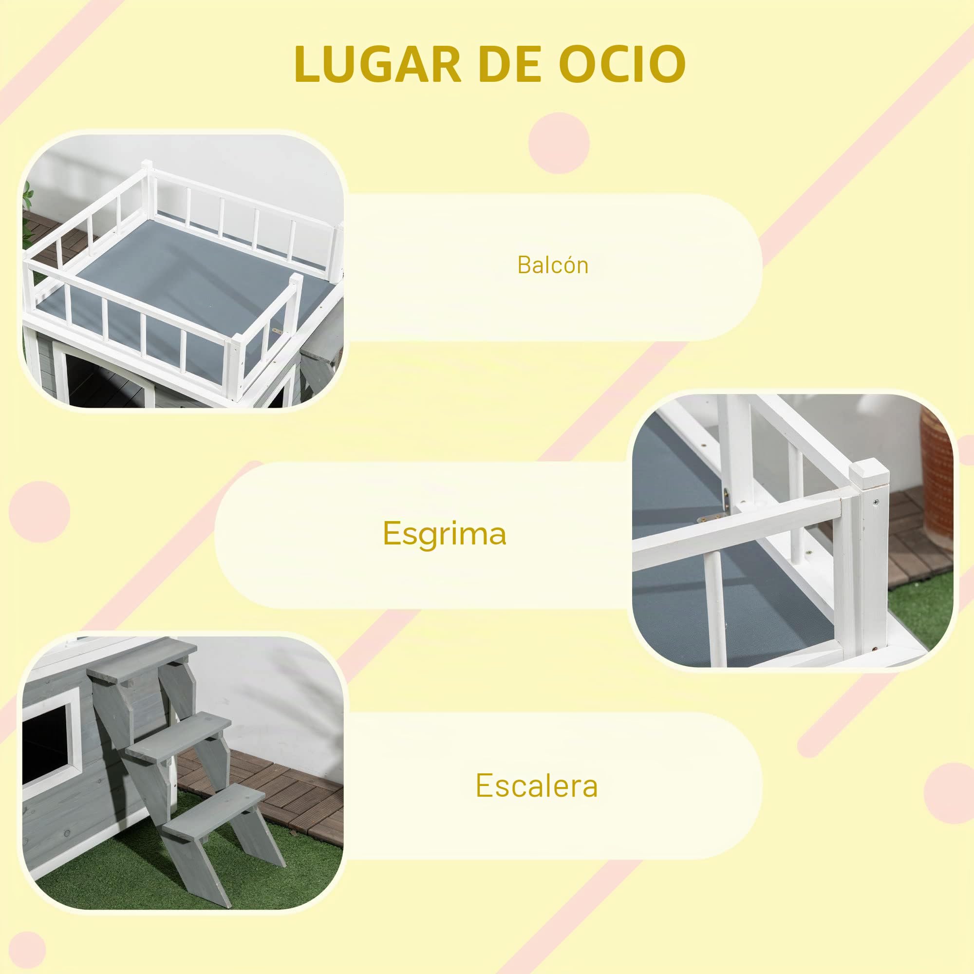 PawHut caseta para Perros con balcón, caseta elevada para Animales pequeños con Escalera, Ventana, Cueva para Perros medianos y Grandes, Madera de Abeto, Gris Claro, 121 x 77 x 78 cm