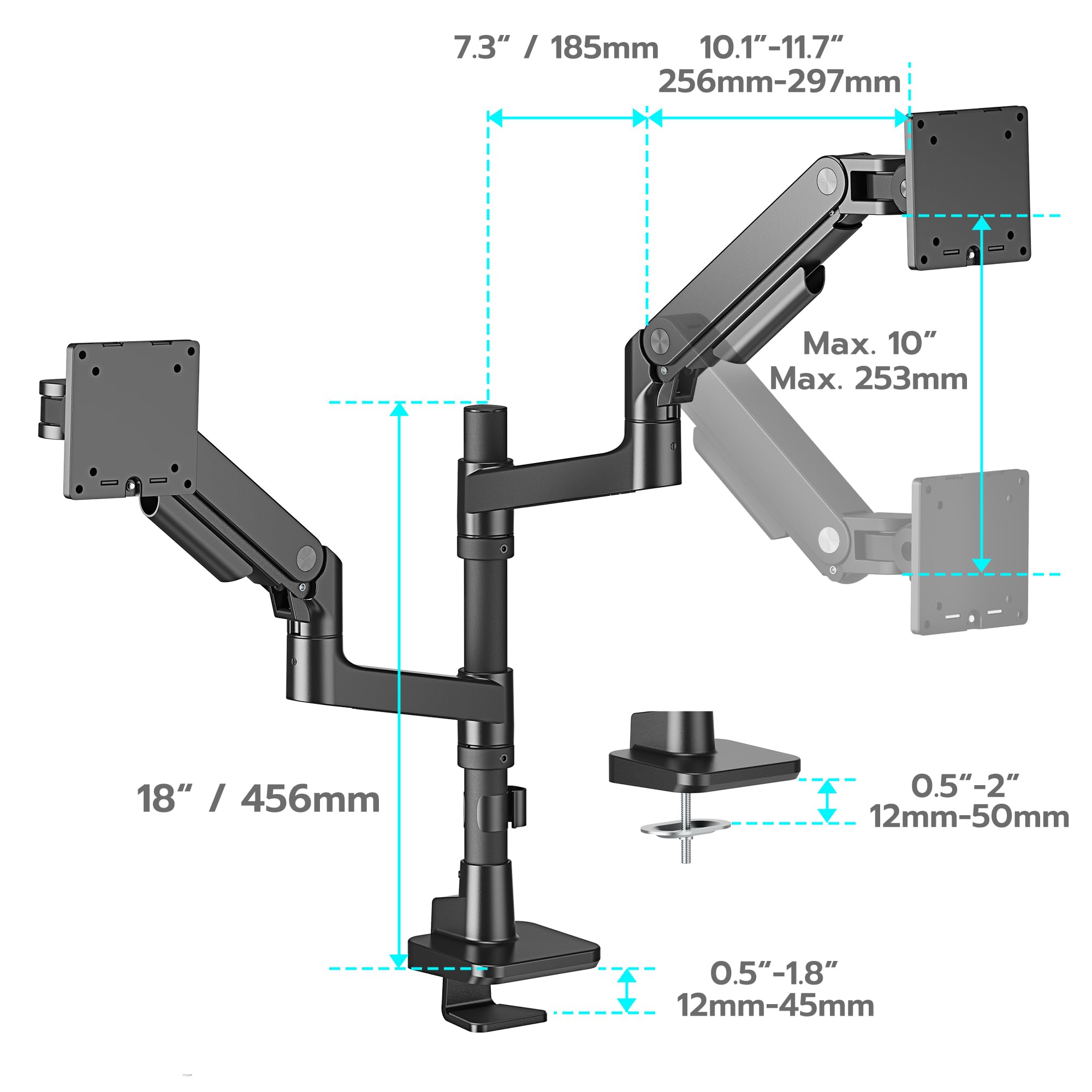 ARES WING Supporto per monitor per 2 monitor da 17-49", Nero | Braccio per Monitor Doppio, 2-20 kg/braccio, con molla a gas, VESA 75/100 mm