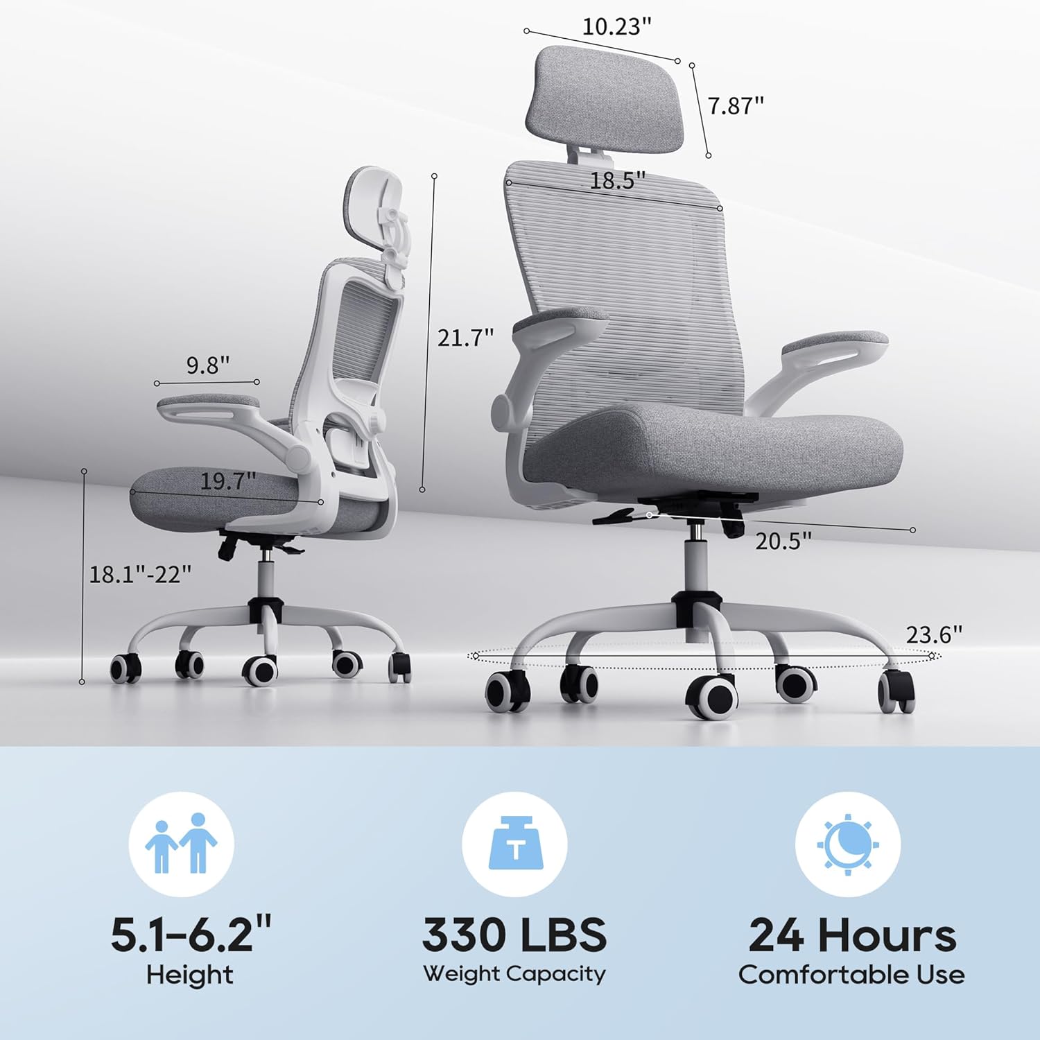 Office Chair, Ergonomic Mesh Desk Chair with Adjustable Lumbar Support and Headrest, Flip-up Armrests, High Back Computer Task Chair for Home and Executive Office (G-All Grey)