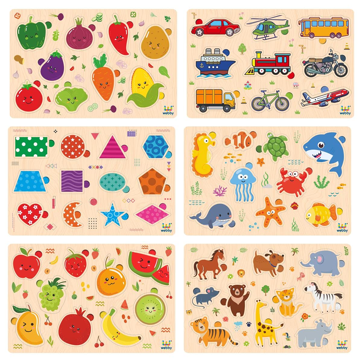 Webby Wooden Educational Colorful Fruits, Vegetables, Sea Animals Public Transport, Shapes, Animals | Educational Toys | Wooden Puzzles - Set of 6, Multicolor, Kid-image-29