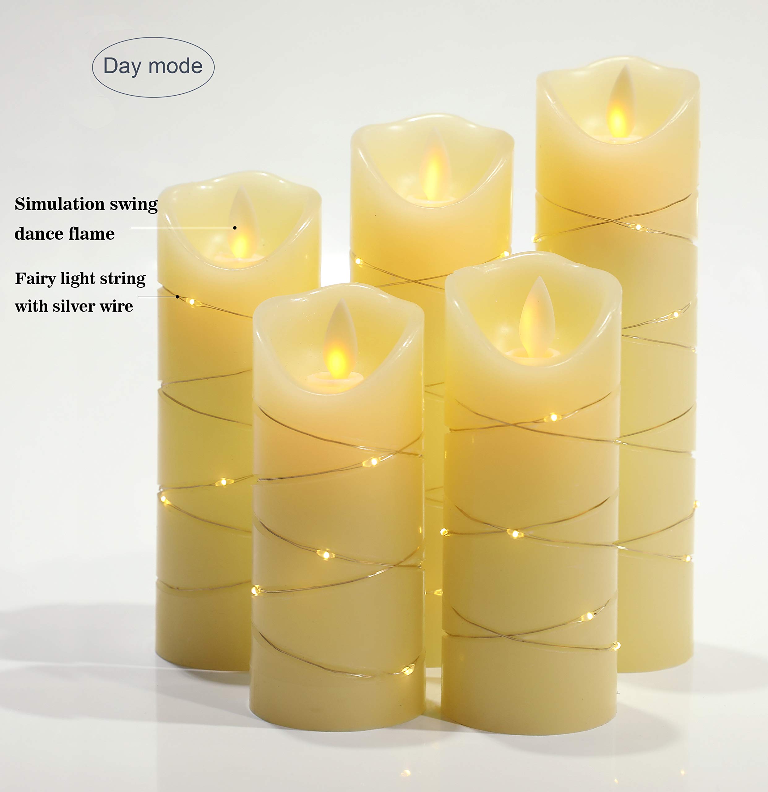 DANIP flameless Candle, with Embedded String Lights, 5Piece LED Candles, with 10Key Remote