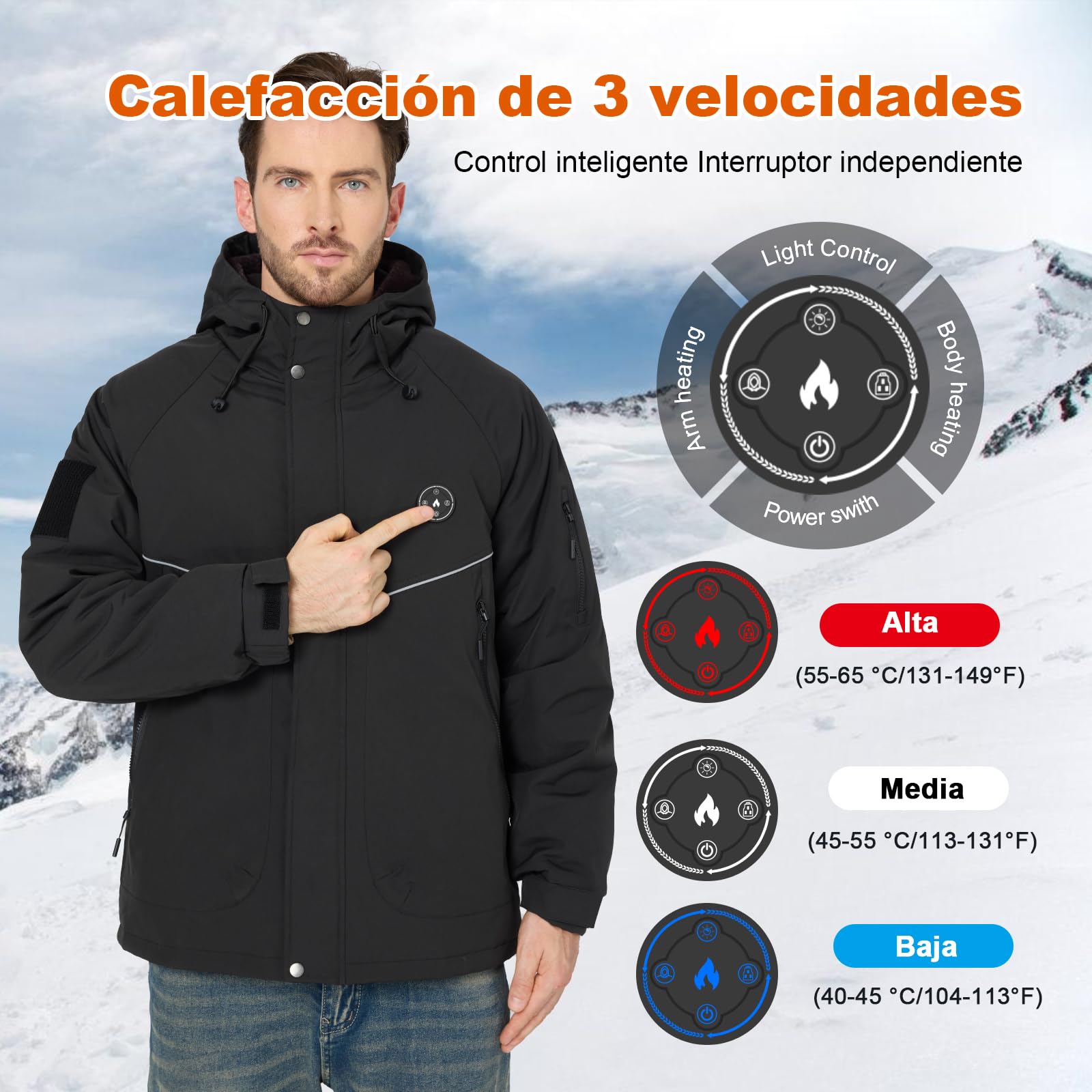 Chaqueta Calefactable Hombre con Forro Polar y Brazalete, Batería 20000mAh 7.4V, 6 Zonas de Calefacción y 3 Niveles de Temperatura, Chaqueta Impermeable e Impermeable de Invierno para Esquí