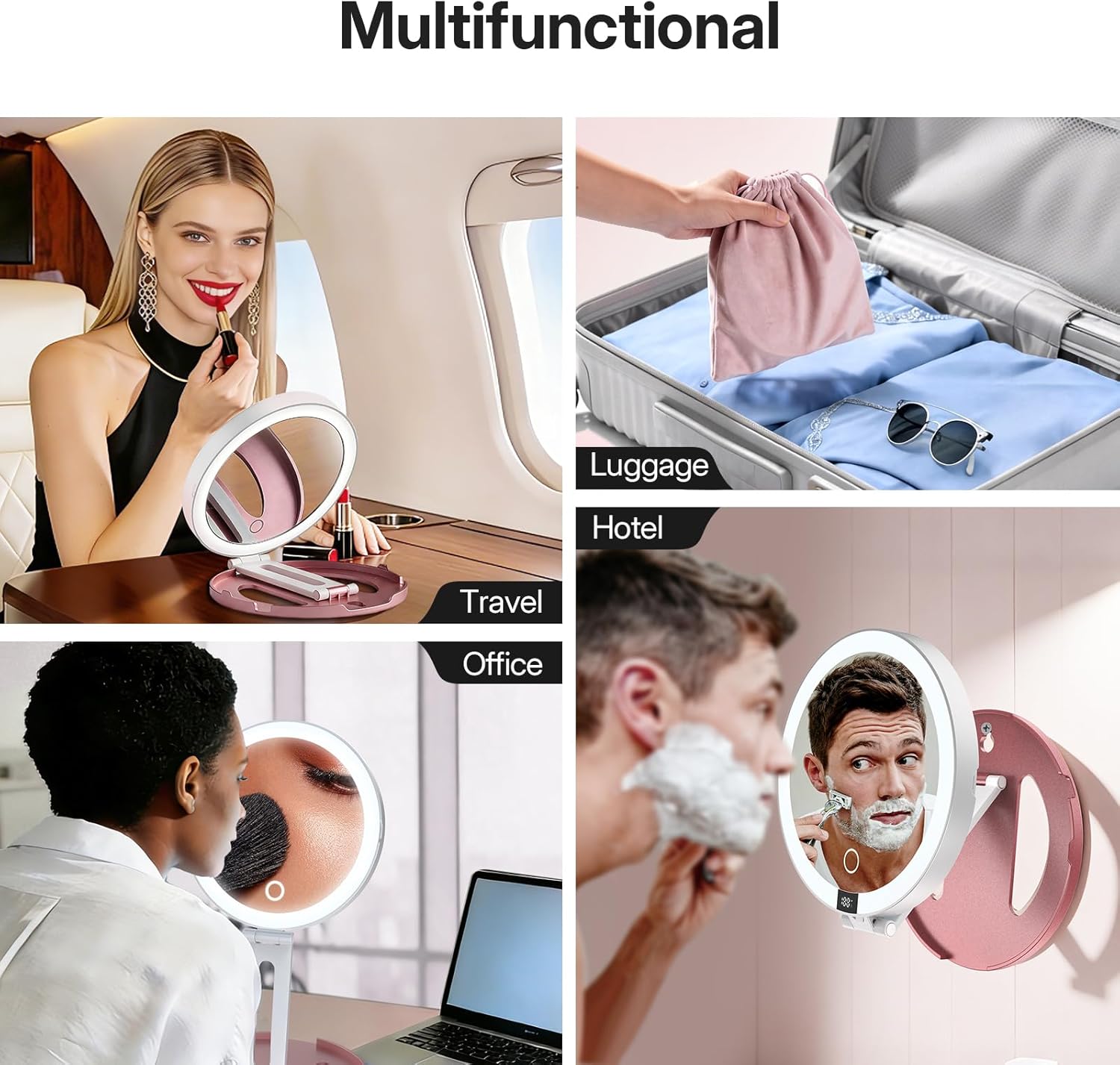 LitBear Travel Mirror with Lights, Foldable Double-Sided 10X/1X Magnifying Mirror, Rechargeable & Portable Lighted Makeup Mirror for Beauty, 3 Color Lighting, Dimmable Touch Screen, Smart Display