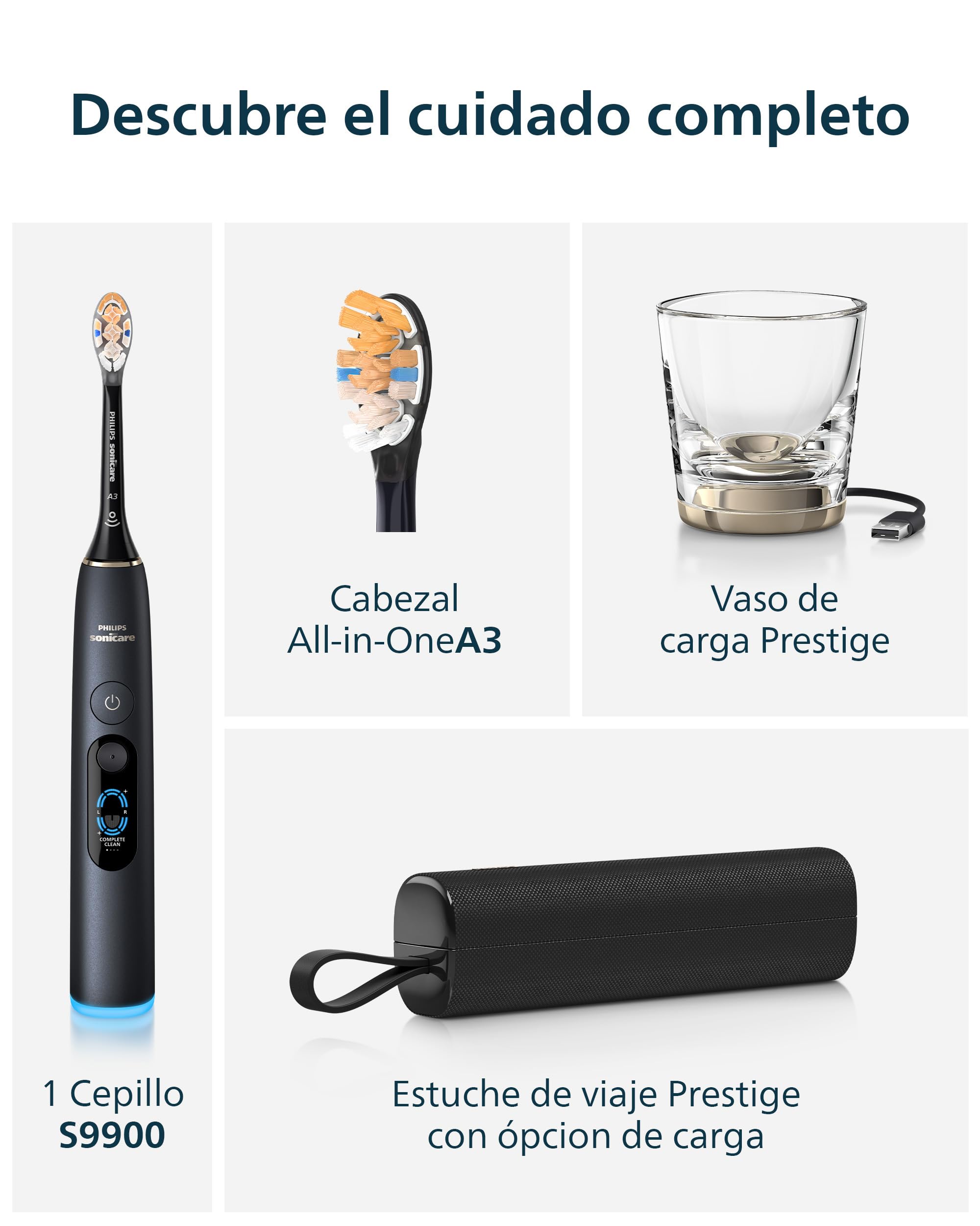 Philips Sonicare Next-Generation DiamondClean 9900 Prestige Cepillo de dientes eléctrico - con SenseIQ, Smart Coverage Feedback, Smart Pressure Feedback y 24 ajustes, negro cuarzo, HX9813/92