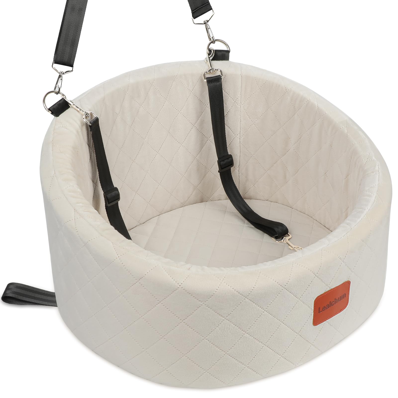 Lealchum Dog Car Seat for Small Dogs,Comfy Pet Travel Car Bed with 2 Clip-On Leashes,Fully Removable & Washable,Non-Slip Base with Seatbelt Channle, Easy to Install (Beige, Small)