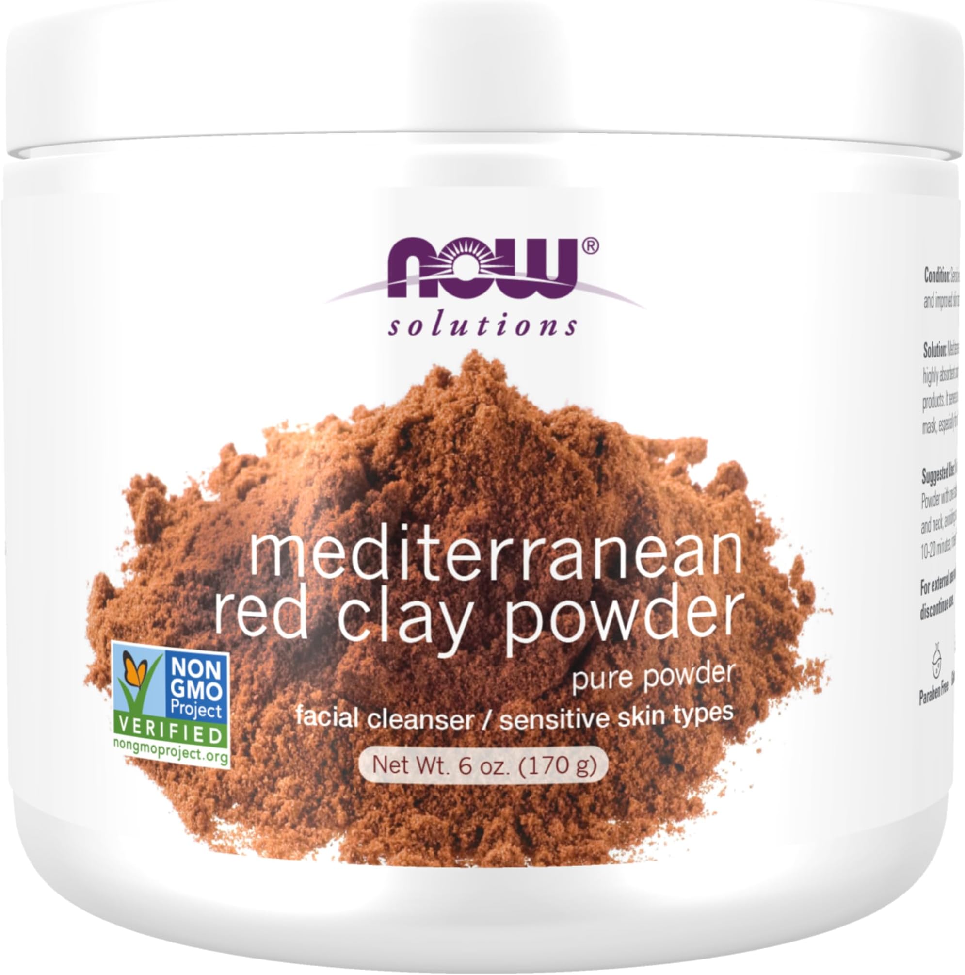 NOW Solutions, Mediterranean Red Clay Powder, Pure Powder for Sensitive Skin Facial Mask, 6-Ounce