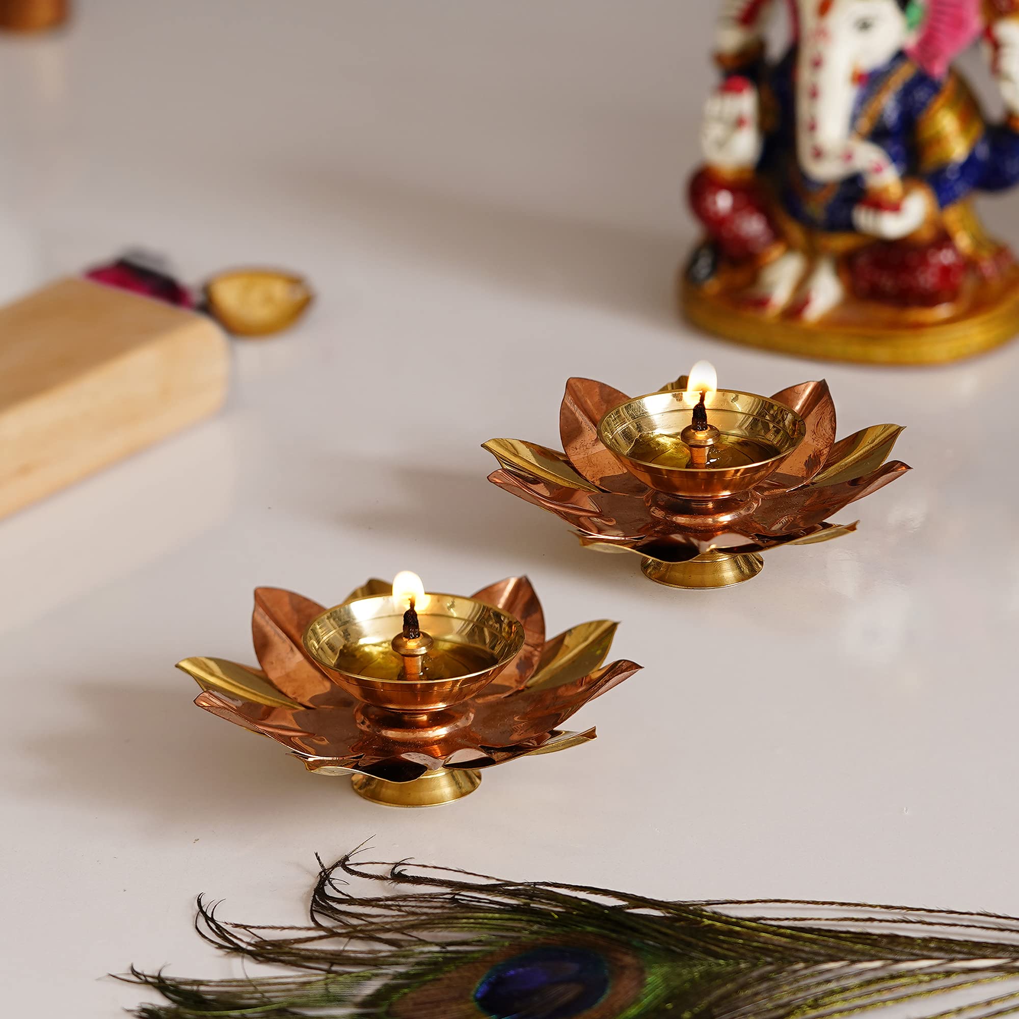 eCraftIndia Golden Lotus Flower Shape Decorative Brass Diya for Diwali Pooja (2, Golden Lotus Flower)