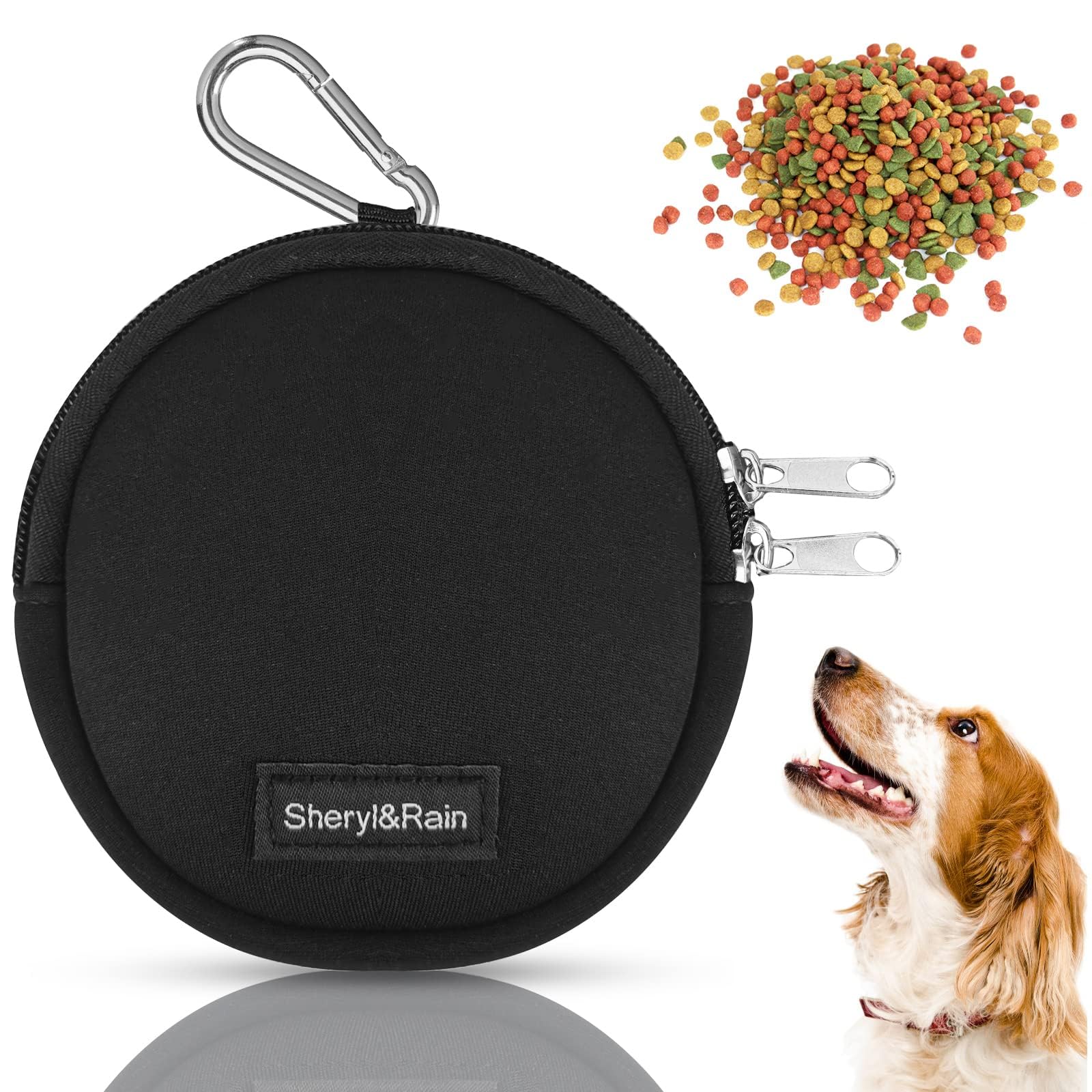Sheryl&Rain Porta Crocchette per Cani Addestramento con Zip,Porta Premietti per Cani Piccoli,Mini Borsa Addestramento Cane,Sacchetto Addestramento Cane Nero con Moschettone per Viaggio O Uso Esterno